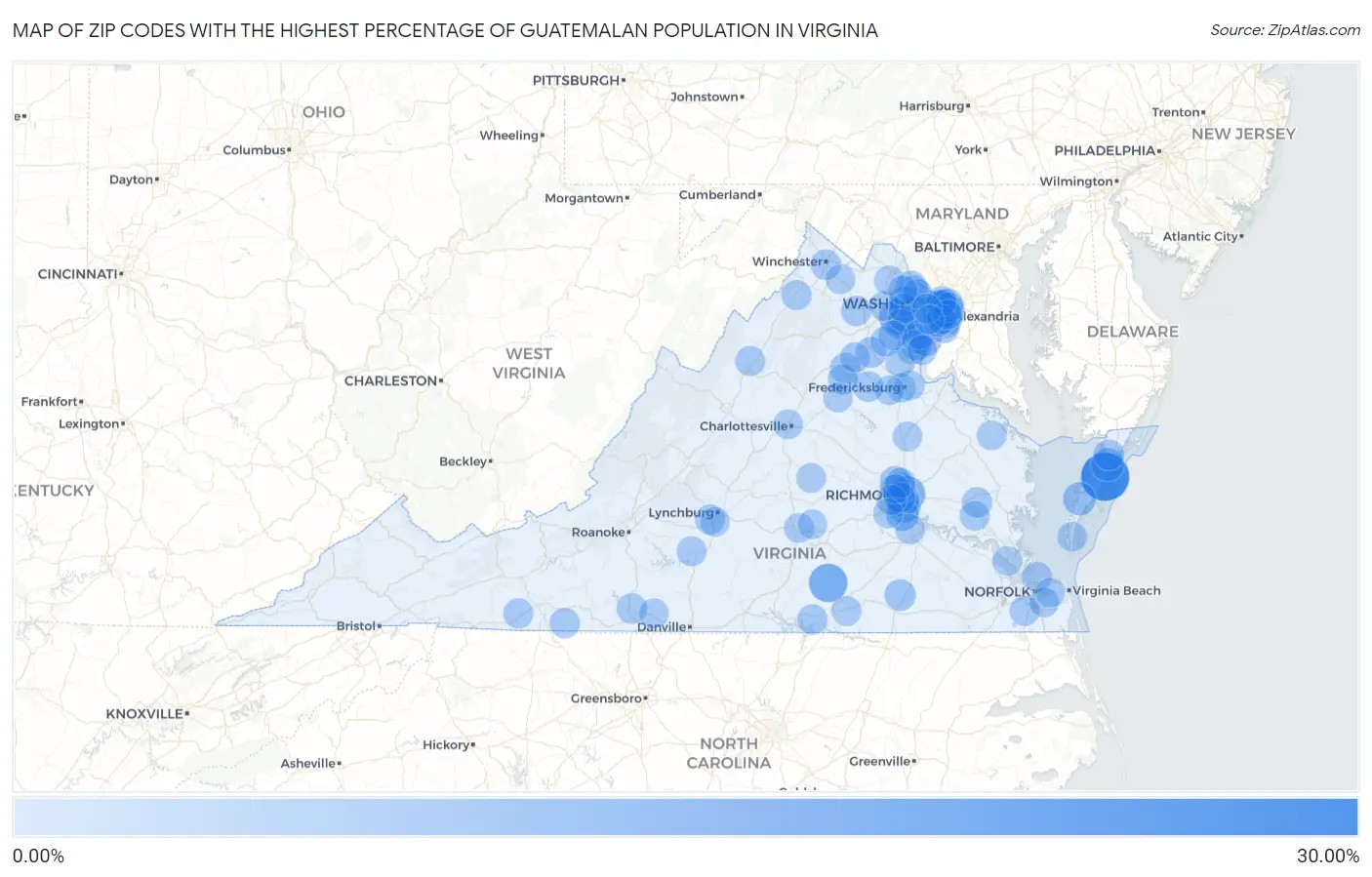Zip Codes with the Highest Percentage of Guatemalan Population in Virginia Map