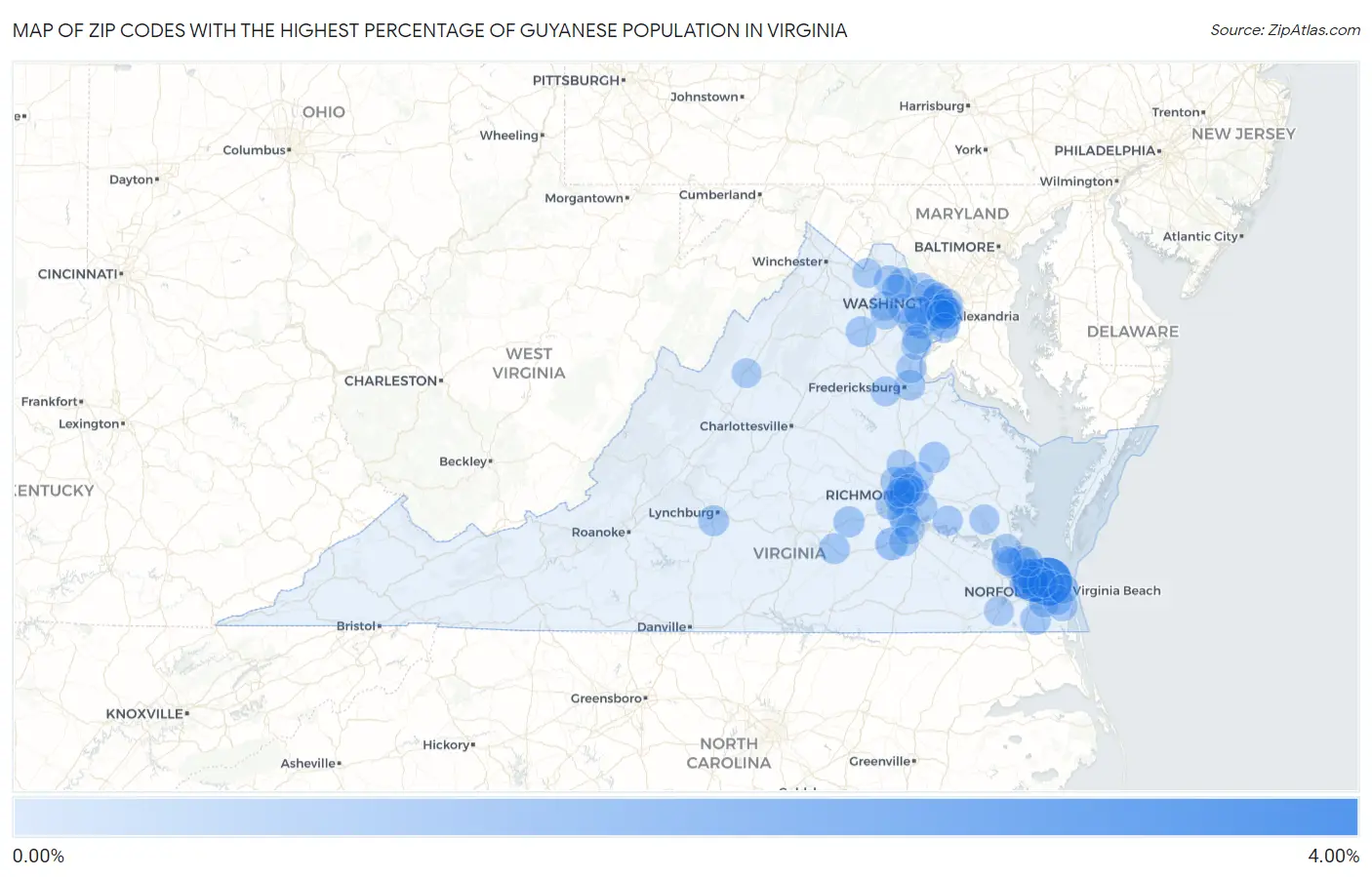 Zip Codes with the Highest Percentage of Guyanese Population in Virginia Map
