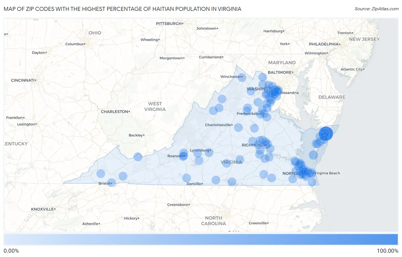 Zip Codes with the Highest Percentage of Haitian Population in Virginia Map
