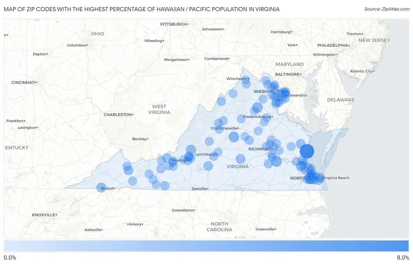 Zip Codes with the Highest Percentage of Hawaiian / Pacific Population in Virginia Map