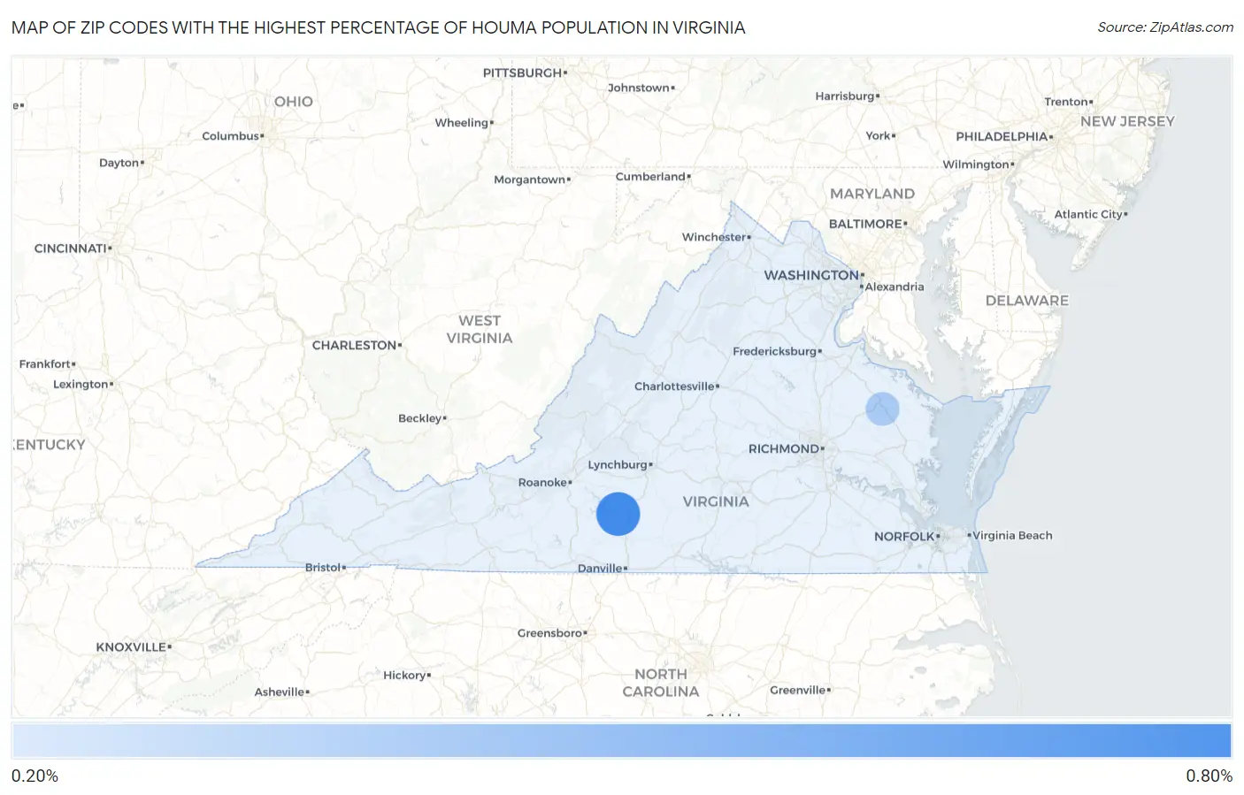 Zip Codes with the Highest Percentage of Houma Population in Virginia Map