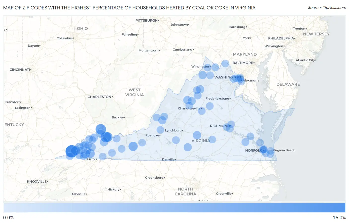 Zip Codes with the Highest Percentage of Households Heated by Coal or Coke in Virginia Map