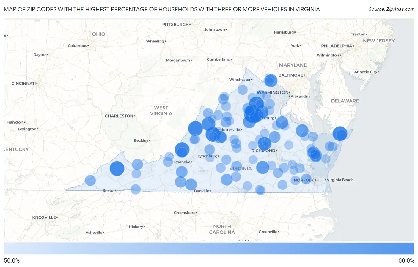 Zip Codes with the Highest Percentage of Households With Three or more Vehicles in Virginia Map
