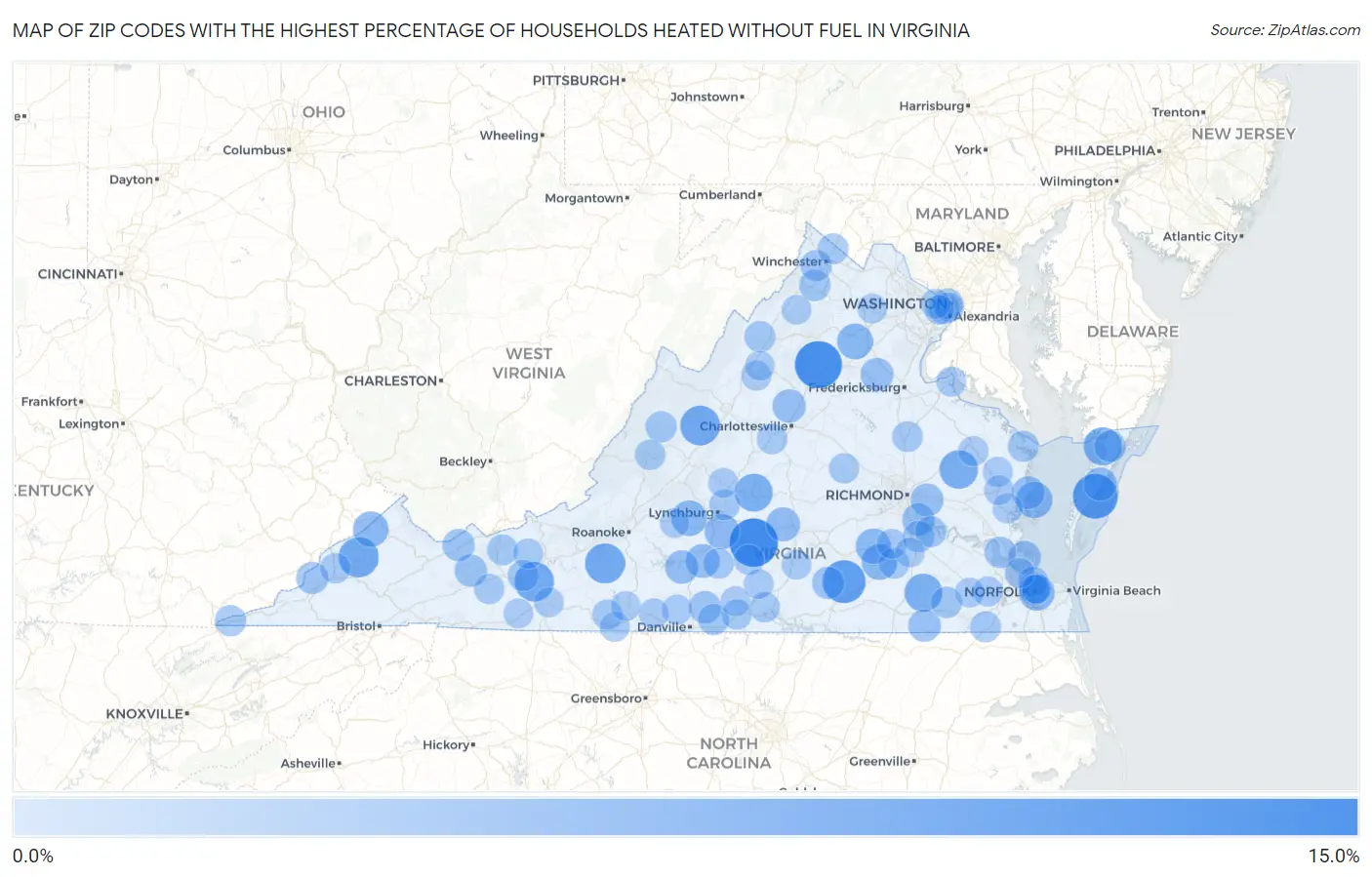 Zip Codes with the Highest Percentage of Households Heated without Fuel in Virginia Map