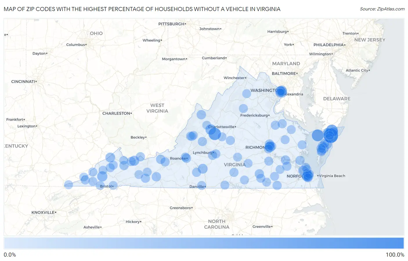 Zip Codes with the Highest Percentage of Households Without a Vehicle in Virginia Map