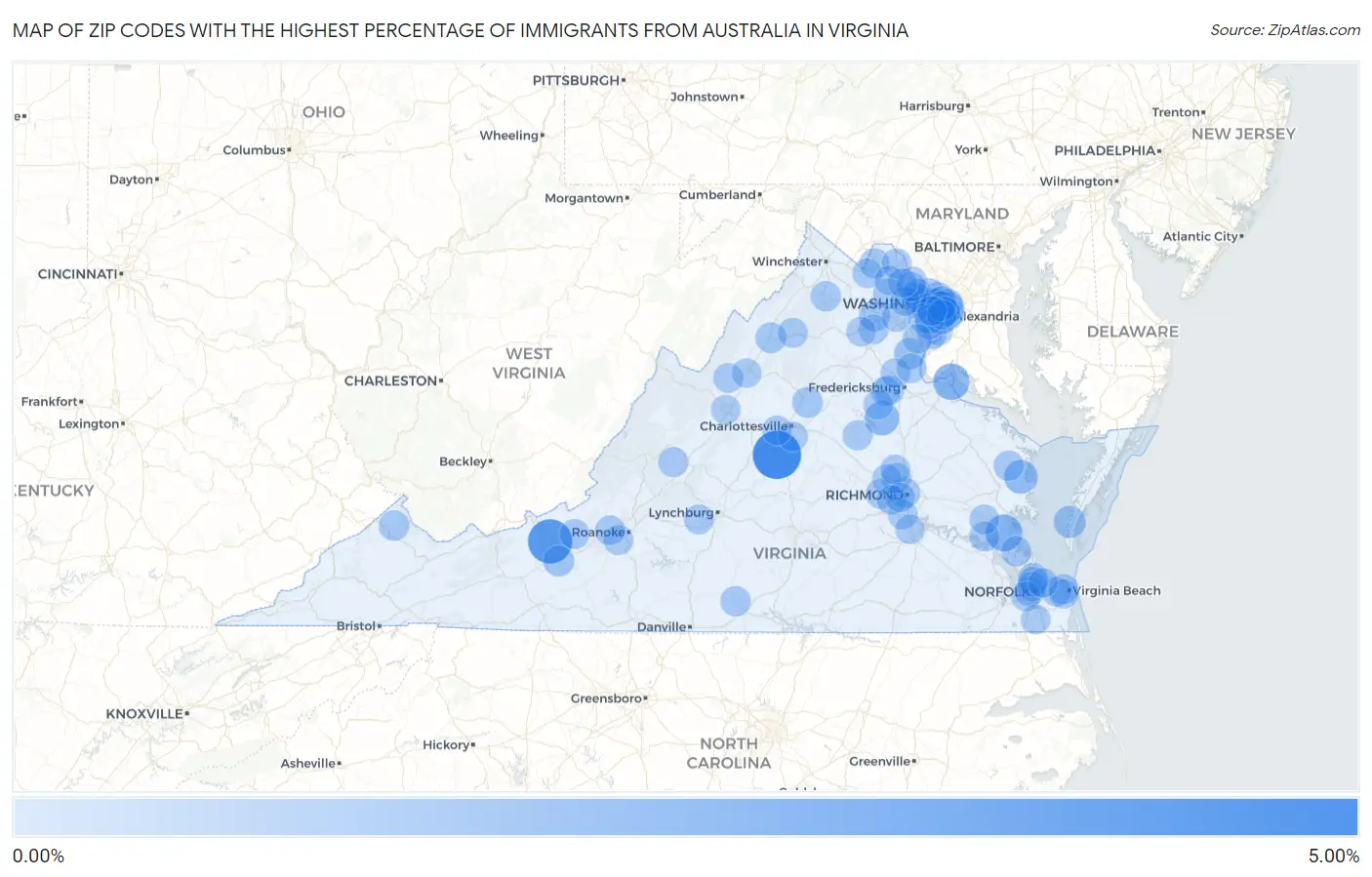 Zip Codes with the Highest Percentage of Immigrants from Australia in Virginia Map