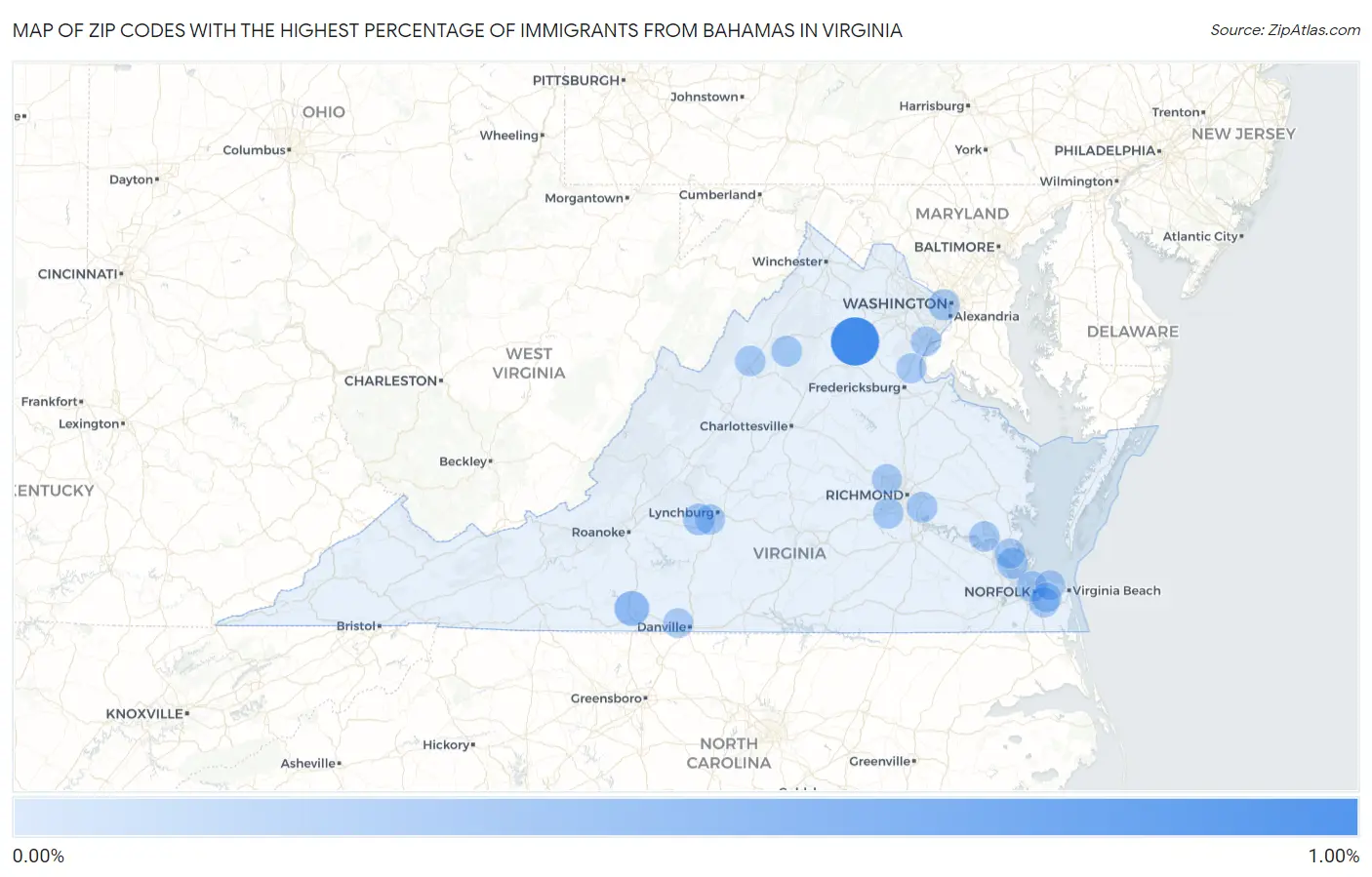 Zip Codes with the Highest Percentage of Immigrants from Bahamas in Virginia Map