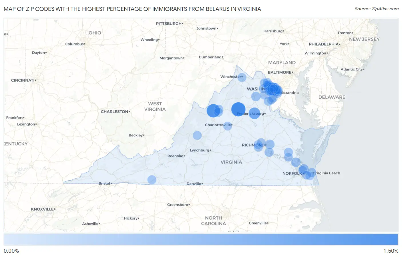 Zip Codes with the Highest Percentage of Immigrants from Belarus in Virginia Map