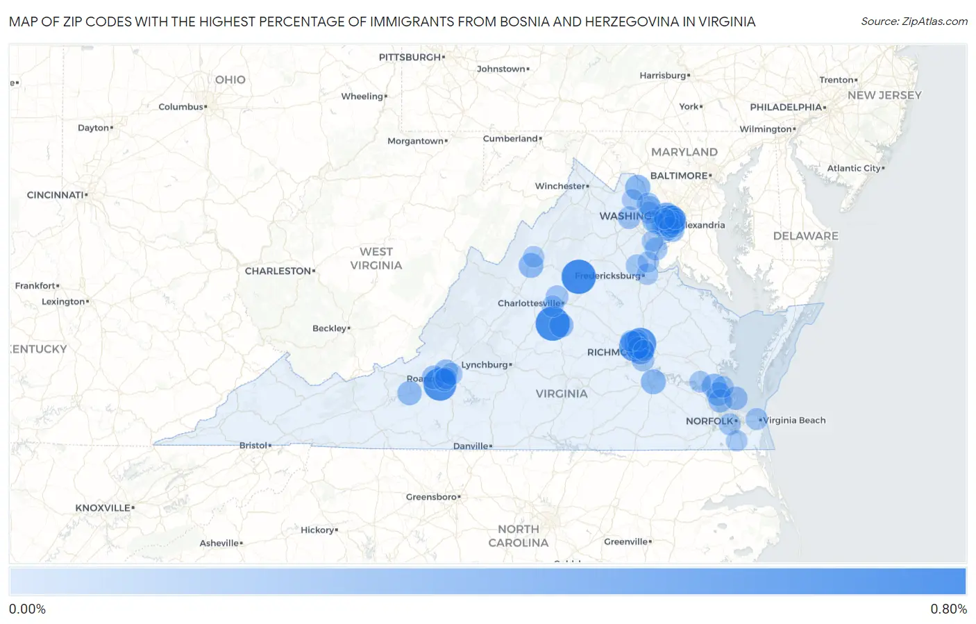 Zip Codes with the Highest Percentage of Immigrants from Bosnia and Herzegovina in Virginia Map