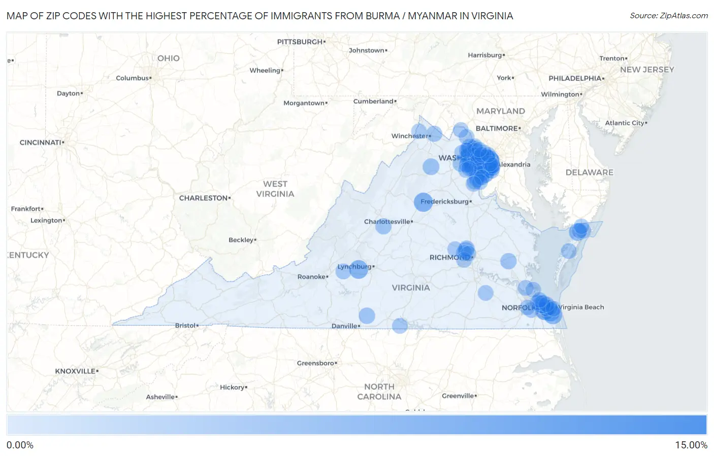 Zip Codes with the Highest Percentage of Immigrants from Burma / Myanmar in Virginia Map