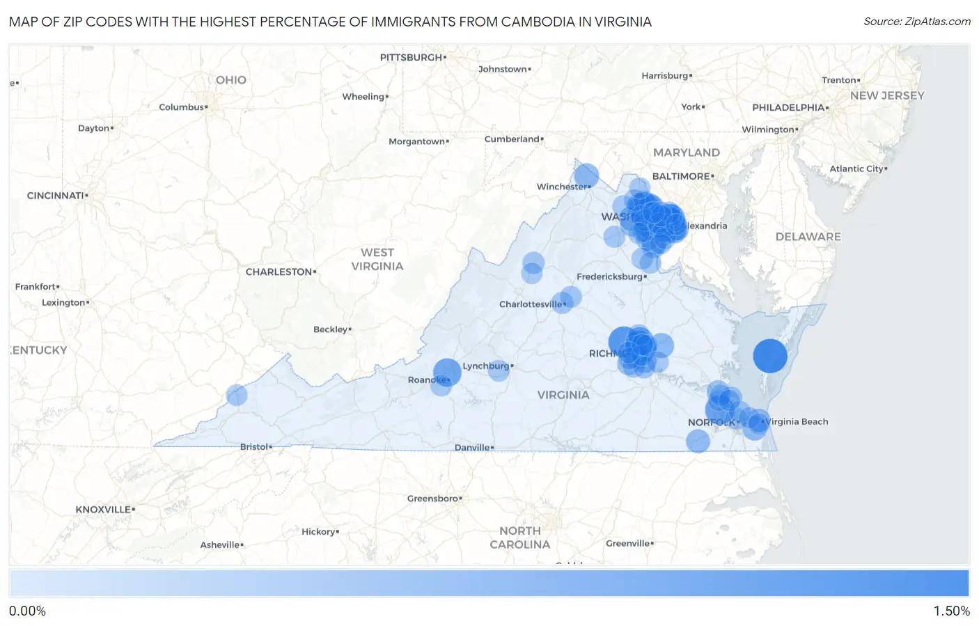 Zip Codes with the Highest Percentage of Immigrants from Cambodia in Virginia Map