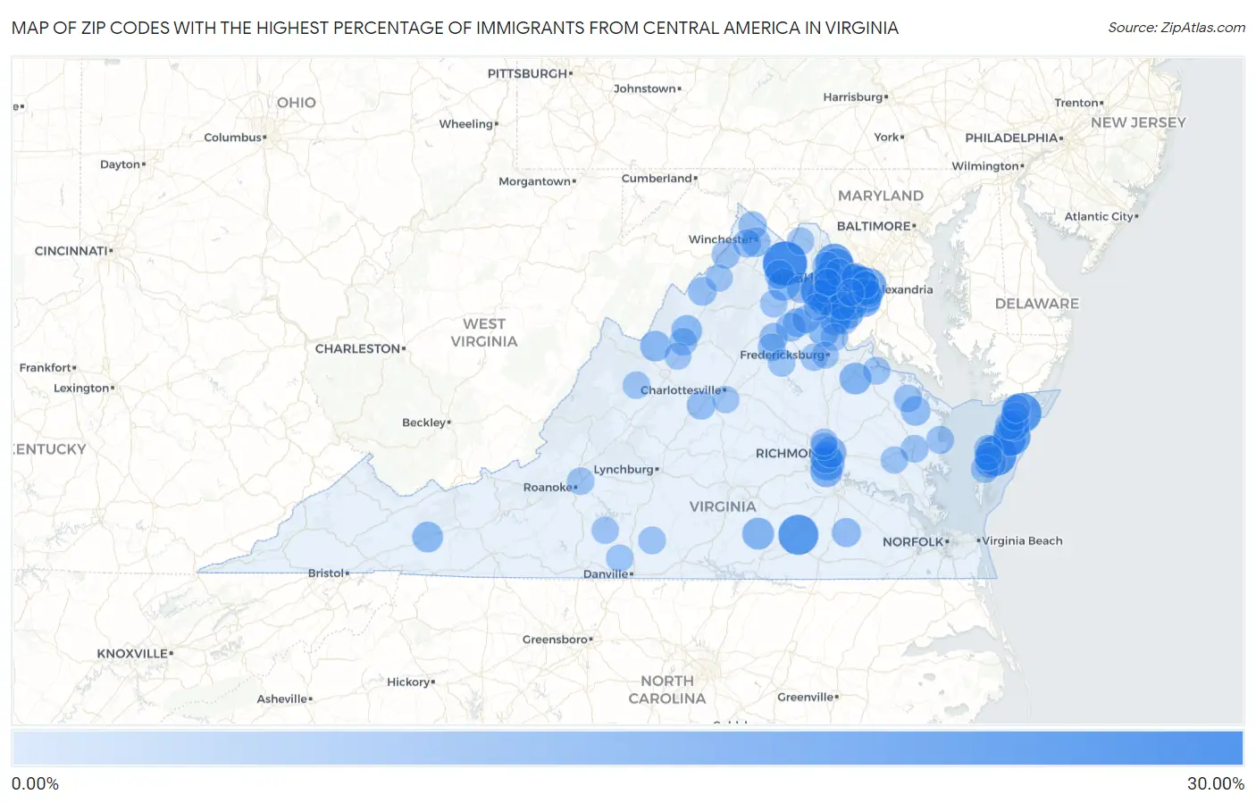 Zip Codes with the Highest Percentage of Immigrants from Central America in Virginia Map