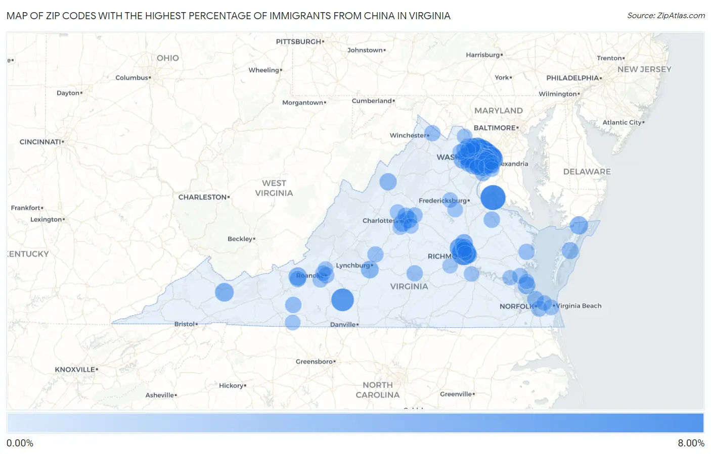Zip Codes with the Highest Percentage of Immigrants from China in Virginia Map