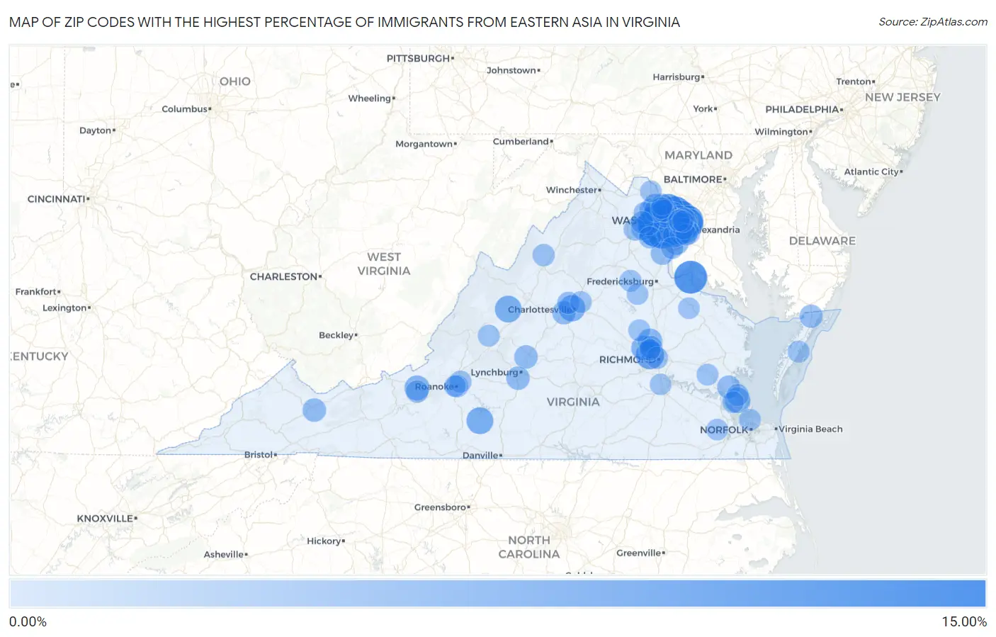 Zip Codes with the Highest Percentage of Immigrants from Eastern Asia in Virginia Map