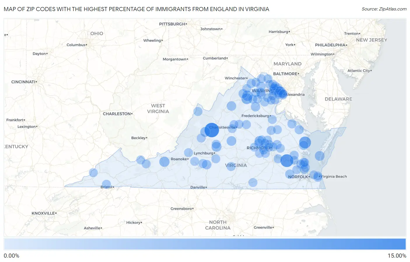 Zip Codes with the Highest Percentage of Immigrants from England in Virginia Map