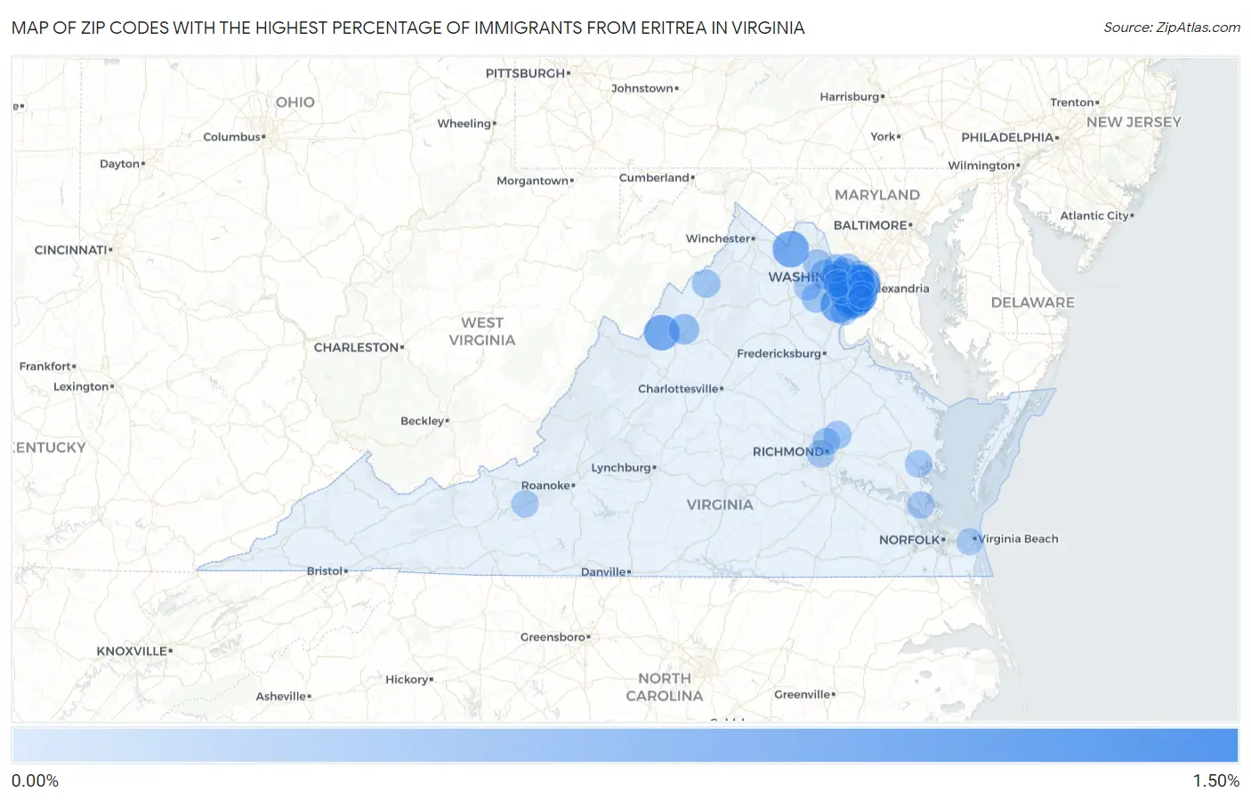 Zip Codes with the Highest Percentage of Immigrants from Eritrea in Virginia Map
