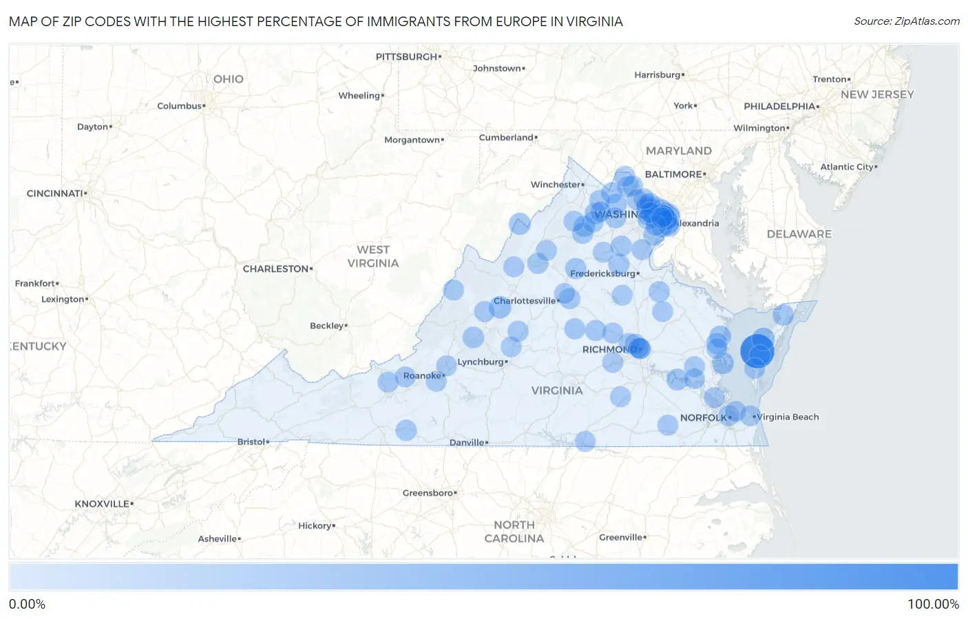 Zip Codes with the Highest Percentage of Immigrants from Europe in Virginia Map