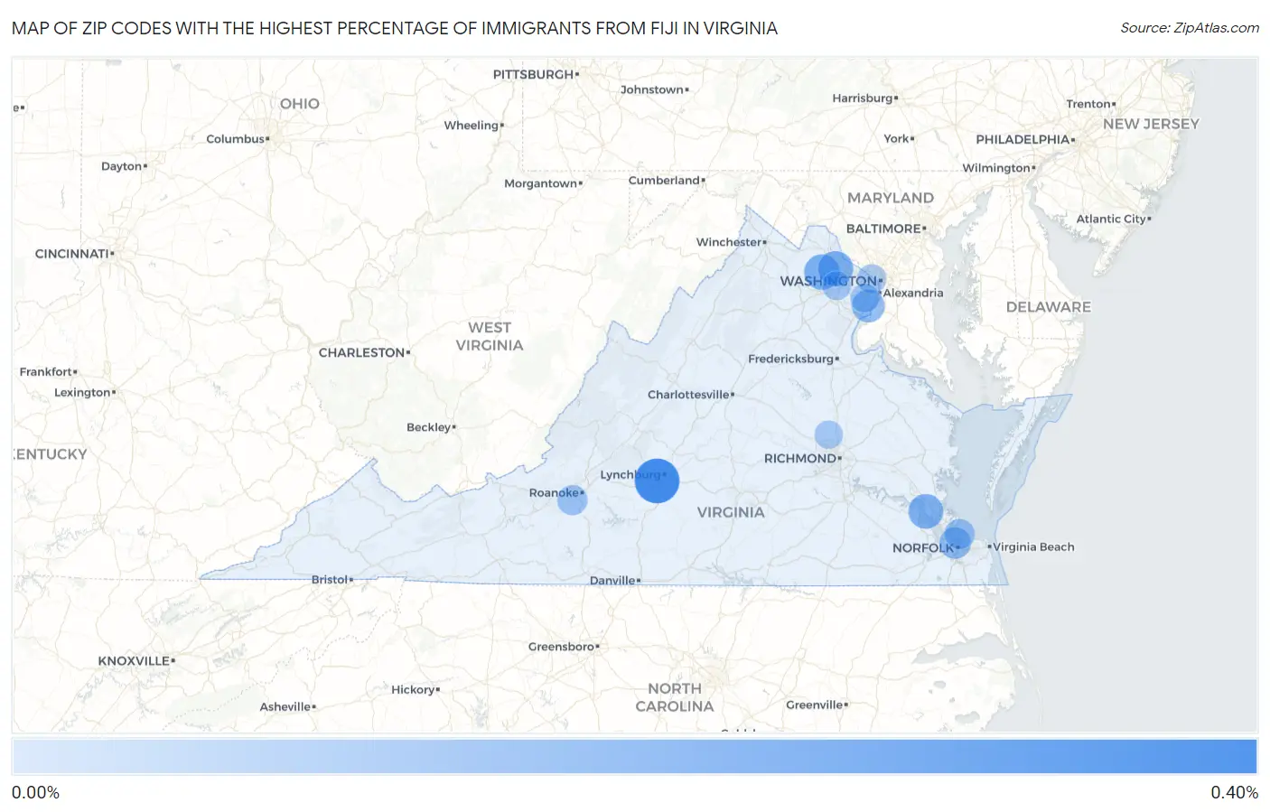 Zip Codes with the Highest Percentage of Immigrants from Fiji in Virginia Map