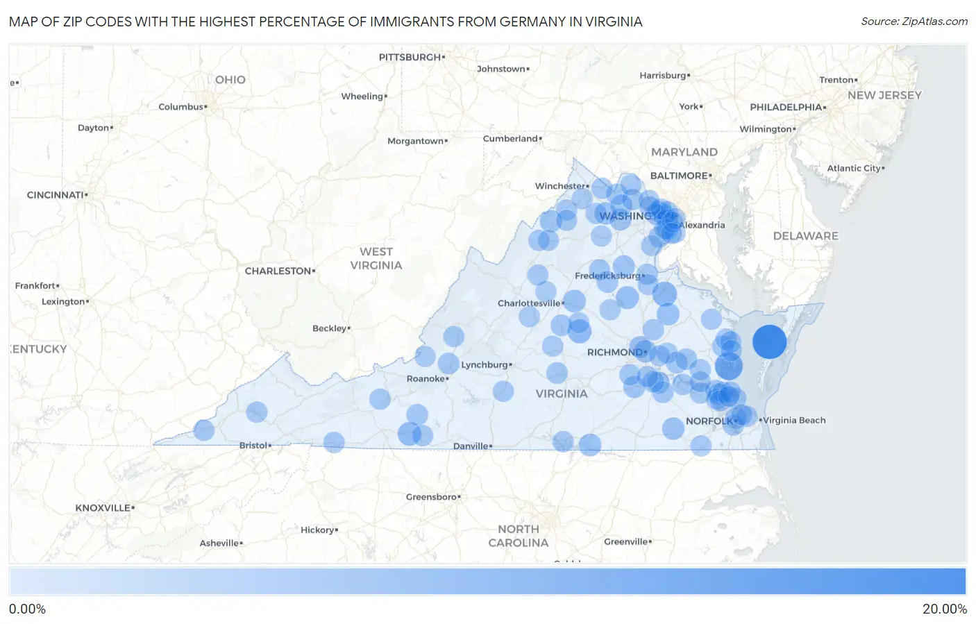 Zip Codes with the Highest Percentage of Immigrants from Germany in Virginia Map