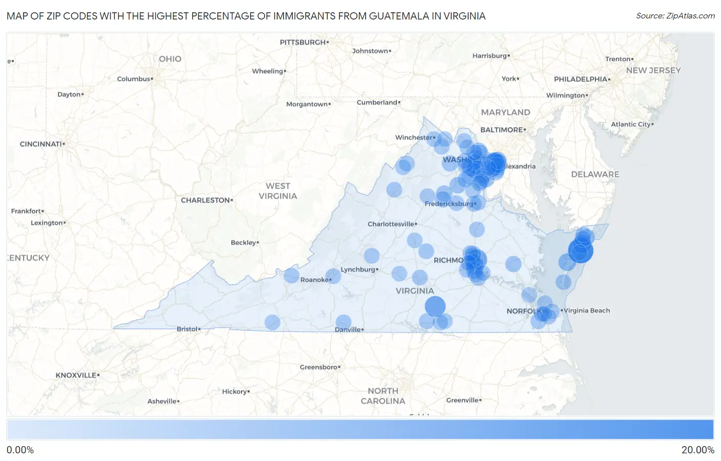Zip Codes with the Highest Percentage of Immigrants from Guatemala in Virginia Map