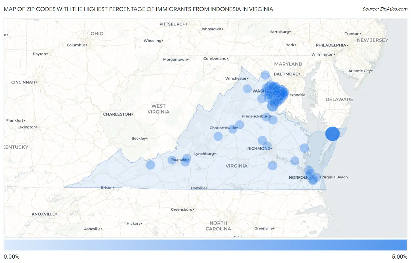 Zip Codes with the Highest Percentage of Immigrants from Indonesia in Virginia Map