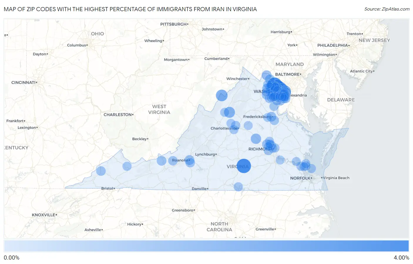 Zip Codes with the Highest Percentage of Immigrants from Iran in Virginia Map