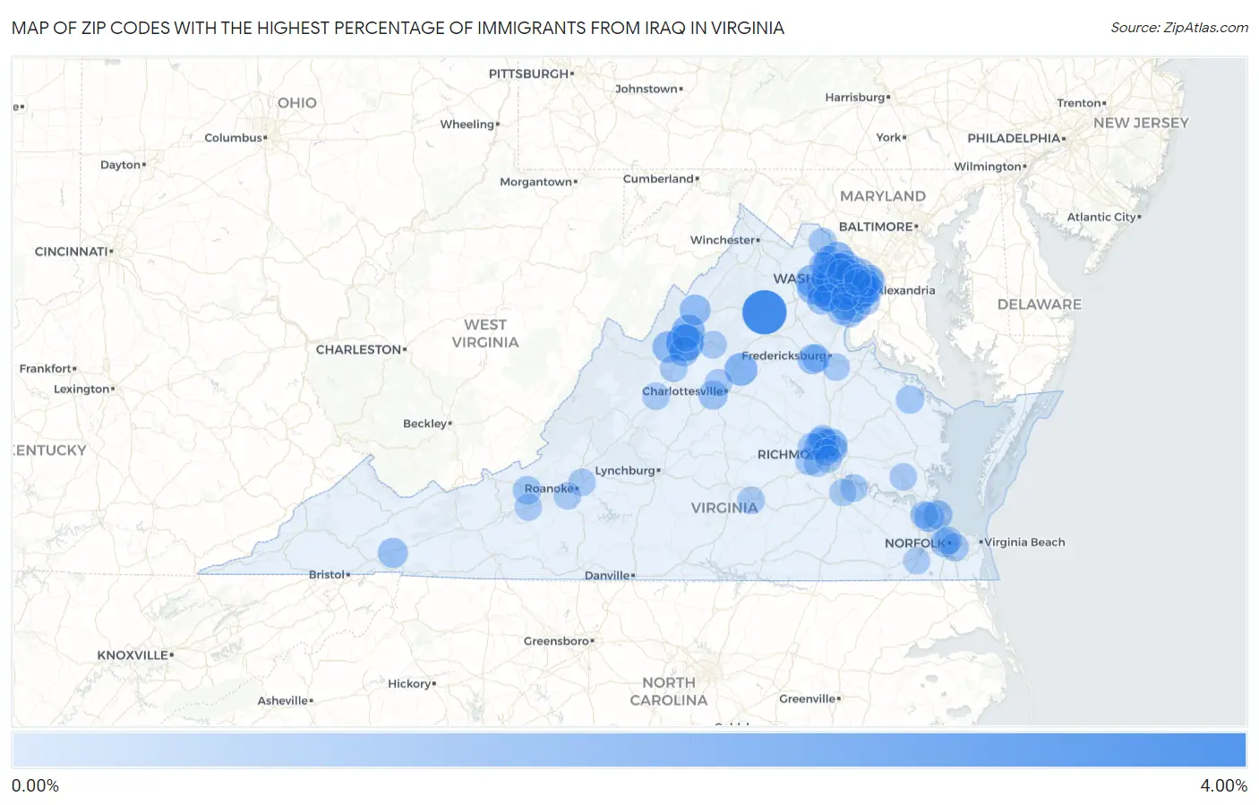 Zip Codes with the Highest Percentage of Immigrants from Iraq in Virginia Map