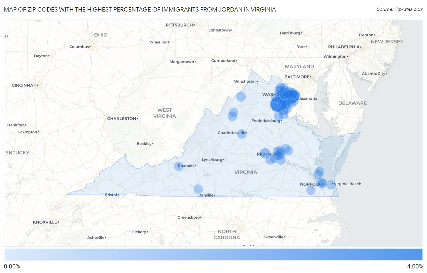 Zip Codes with the Highest Percentage of Immigrants from Jordan in Virginia Map