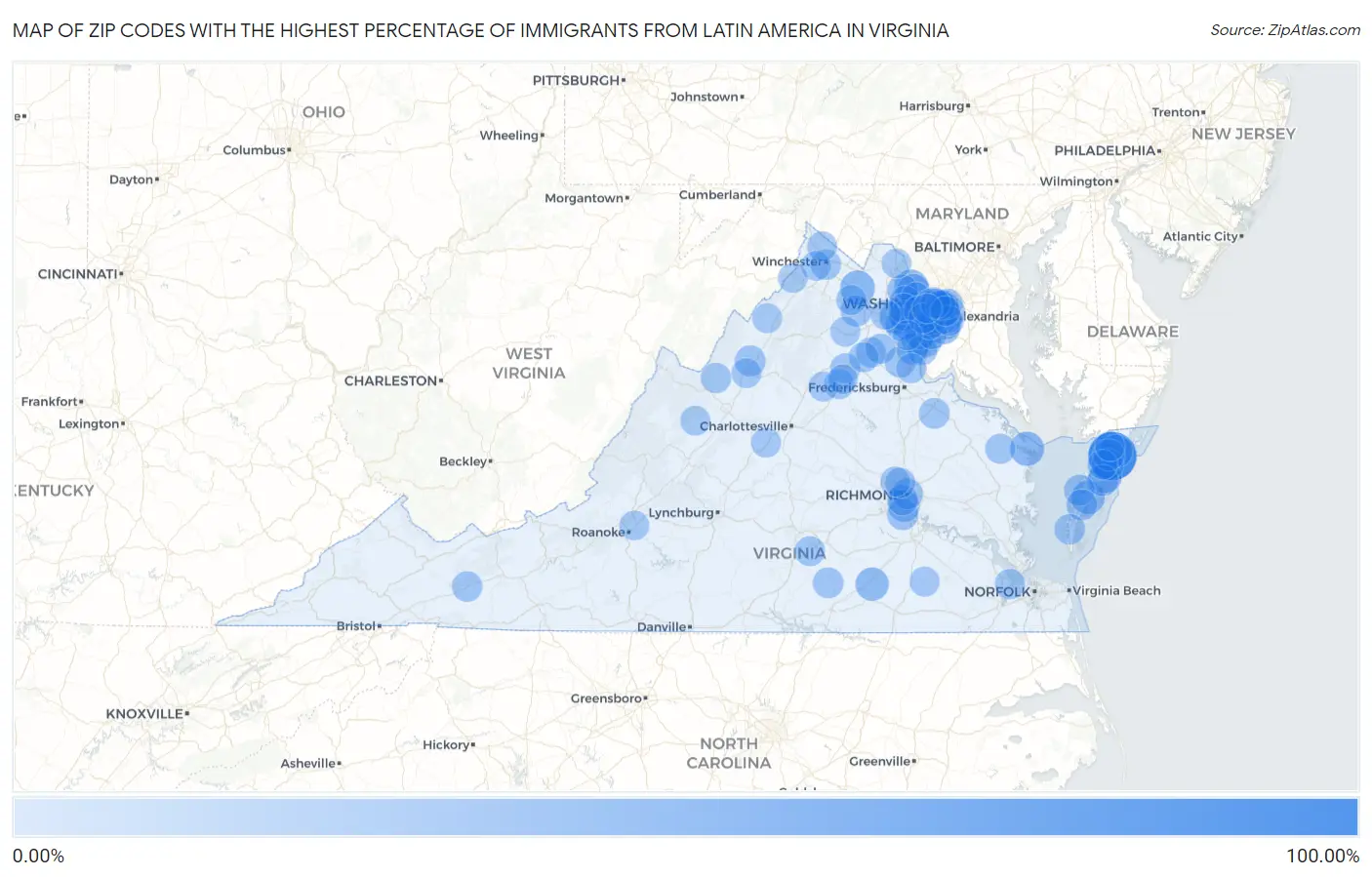 Zip Codes with the Highest Percentage of Immigrants from Latin America in Virginia Map