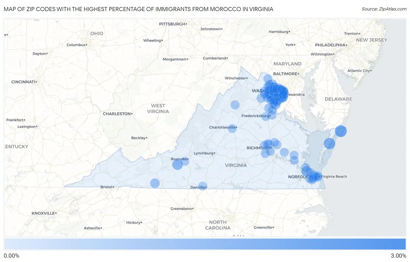 Zip Codes with the Highest Percentage of Immigrants from Morocco in Virginia Map