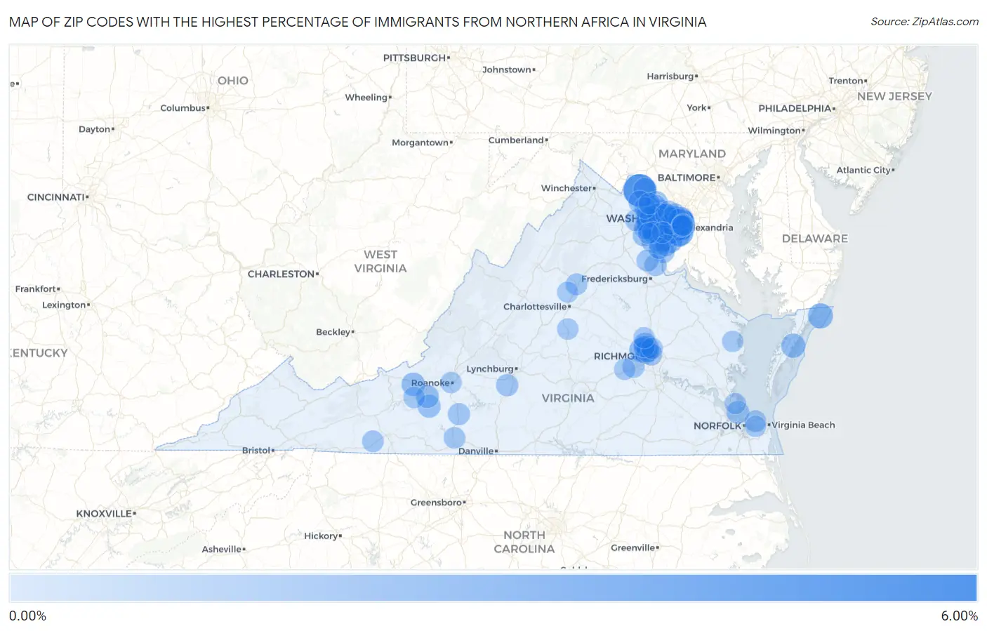 Zip Codes with the Highest Percentage of Immigrants from Northern Africa in Virginia Map