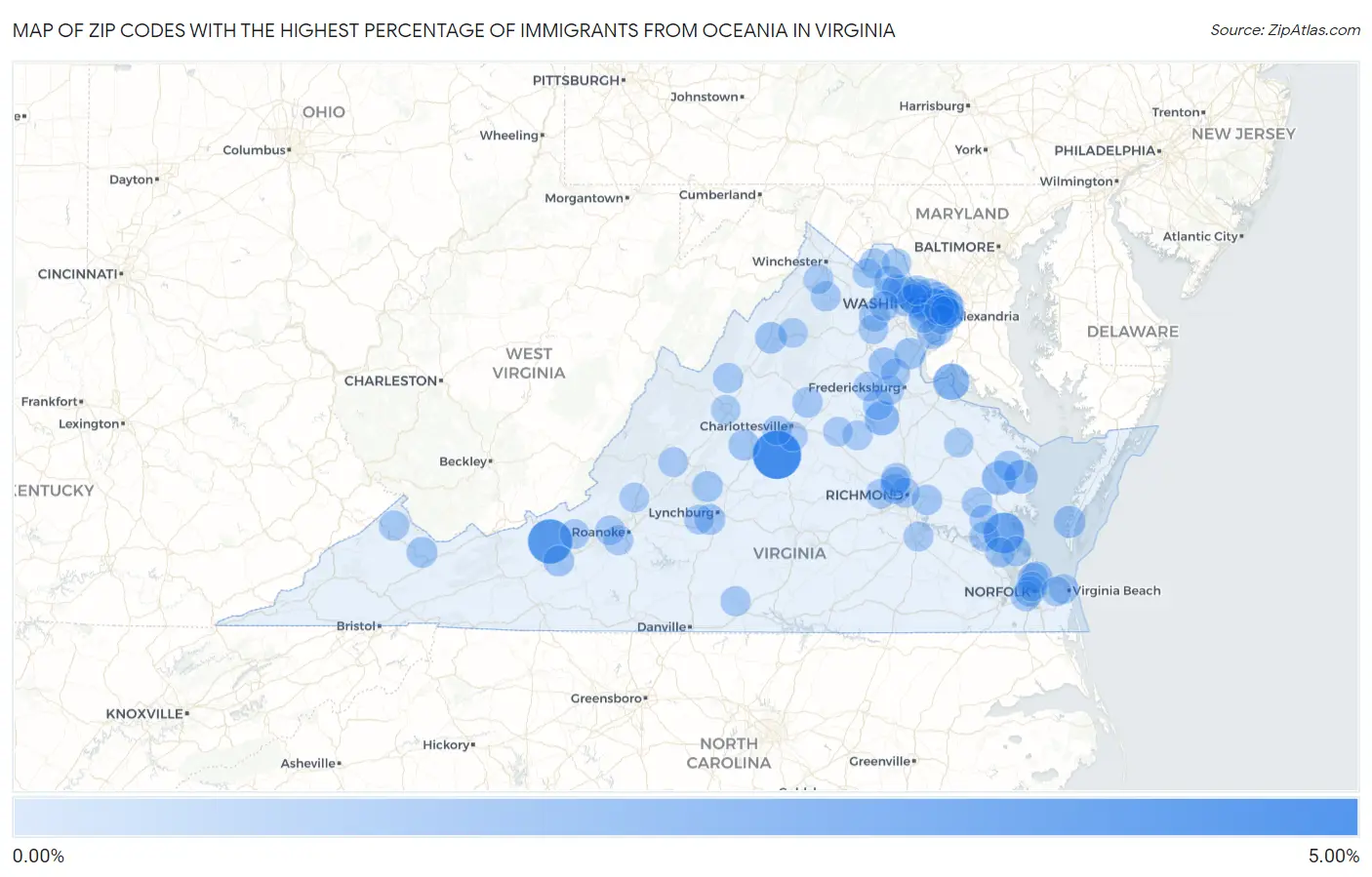 Zip Codes with the Highest Percentage of Immigrants from Oceania in Virginia Map
