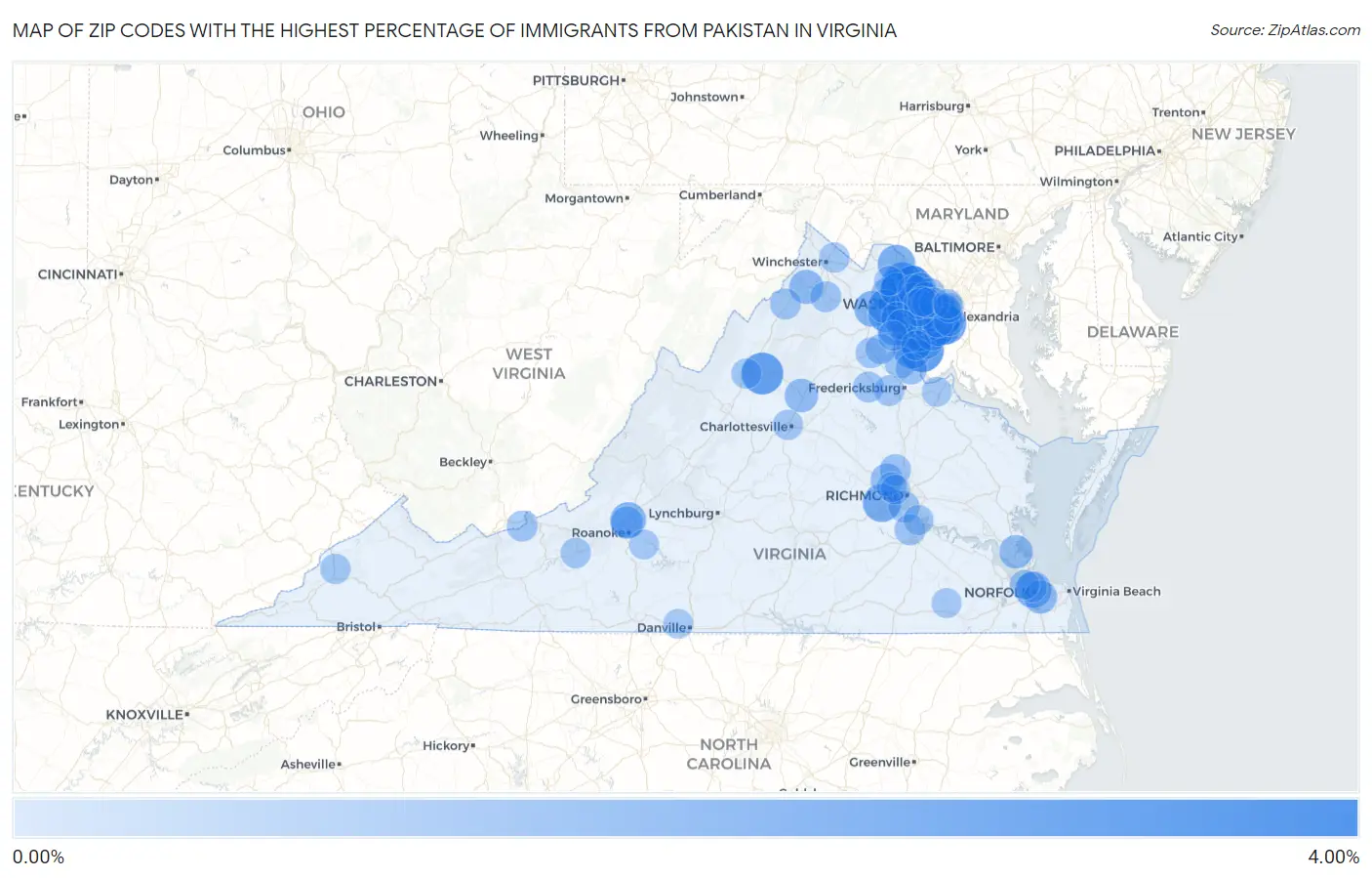 Zip Codes with the Highest Percentage of Immigrants from Pakistan in Virginia Map