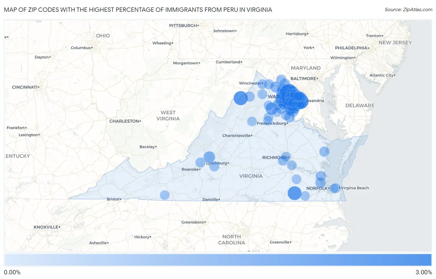 Zip Codes with the Highest Percentage of Immigrants from Peru in Virginia Map
