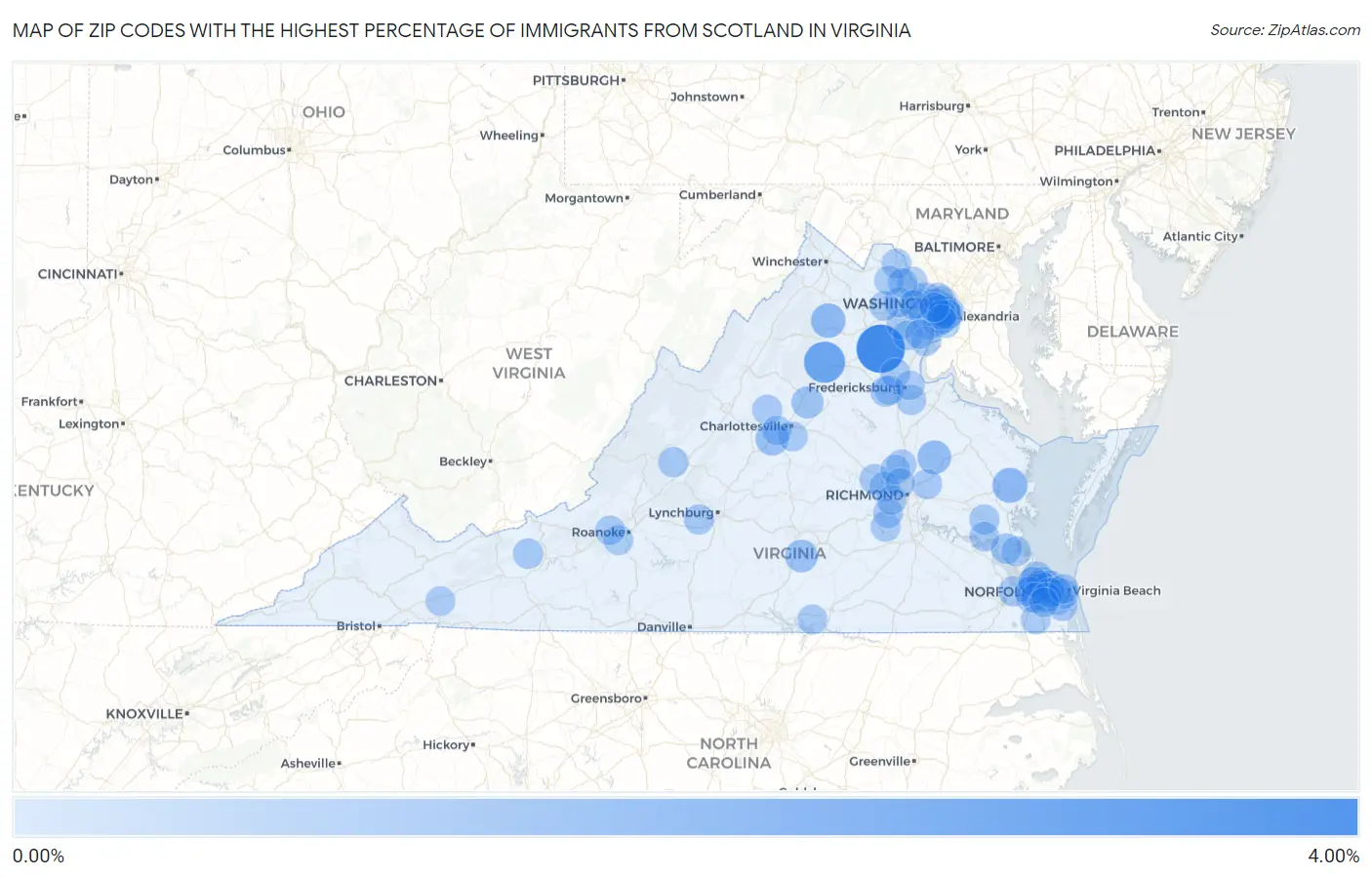 Zip Codes with the Highest Percentage of Immigrants from Scotland in Virginia Map