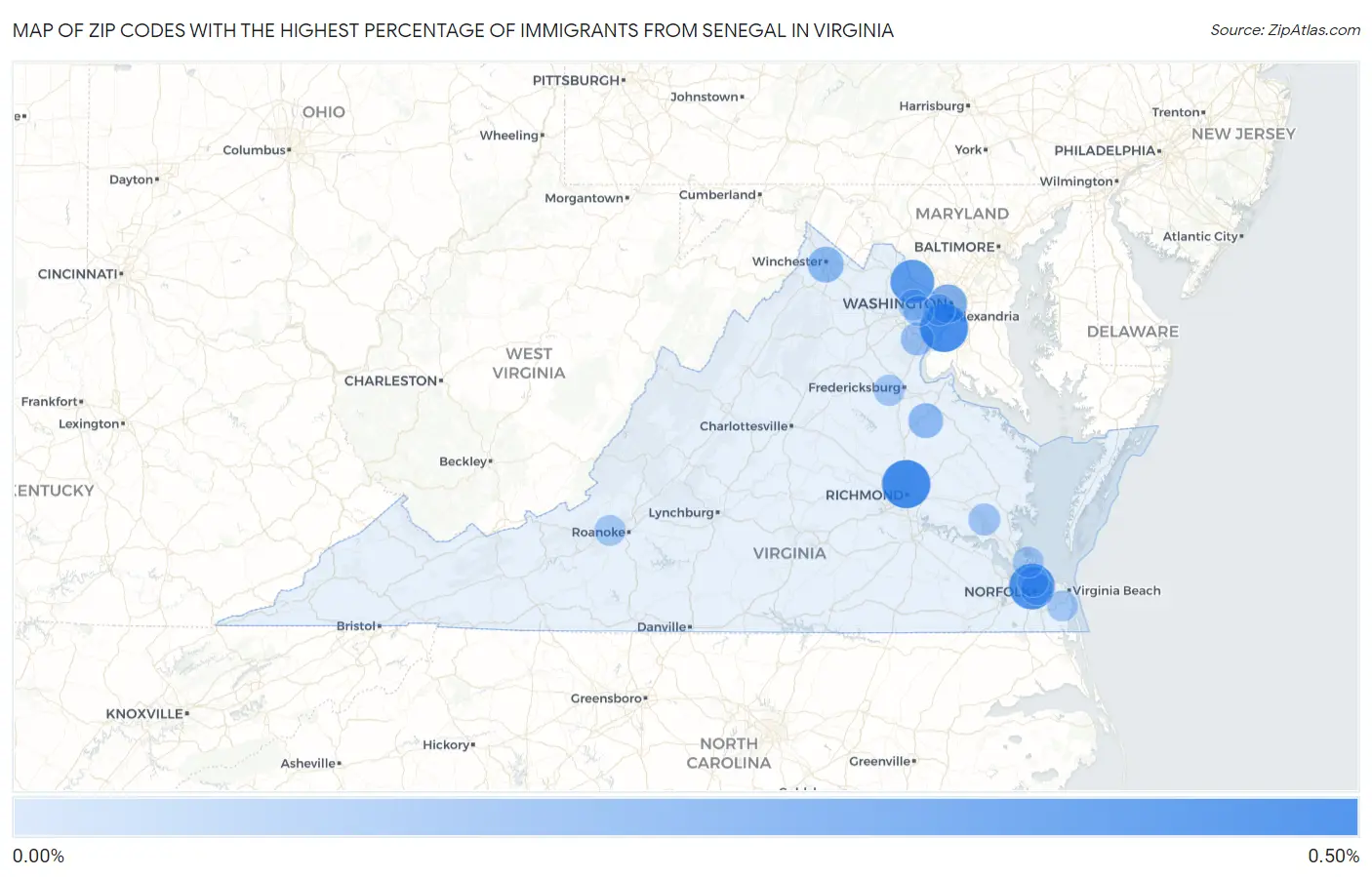 Zip Codes with the Highest Percentage of Immigrants from Senegal in Virginia Map