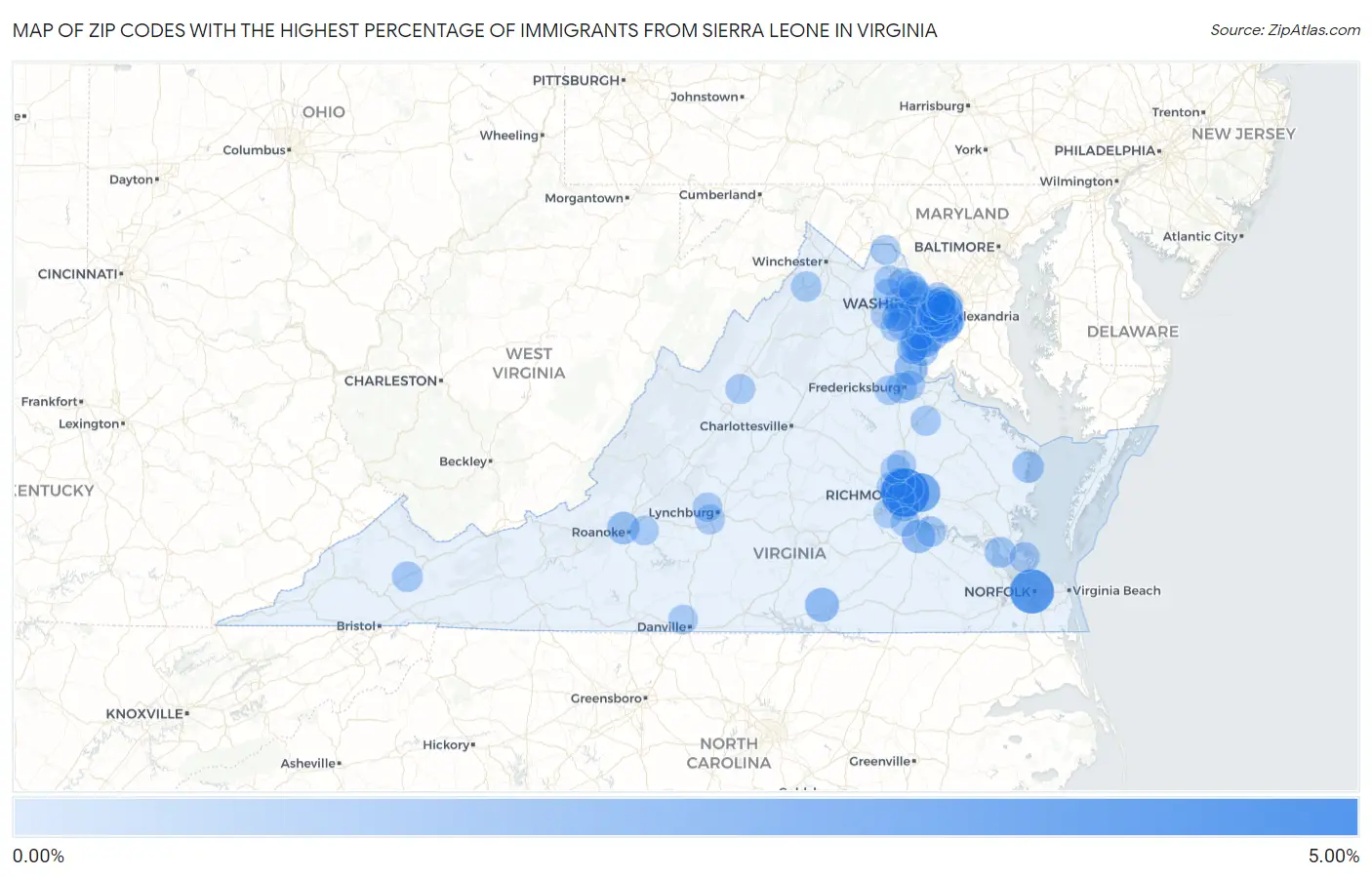 Zip Codes with the Highest Percentage of Immigrants from Sierra Leone in Virginia Map