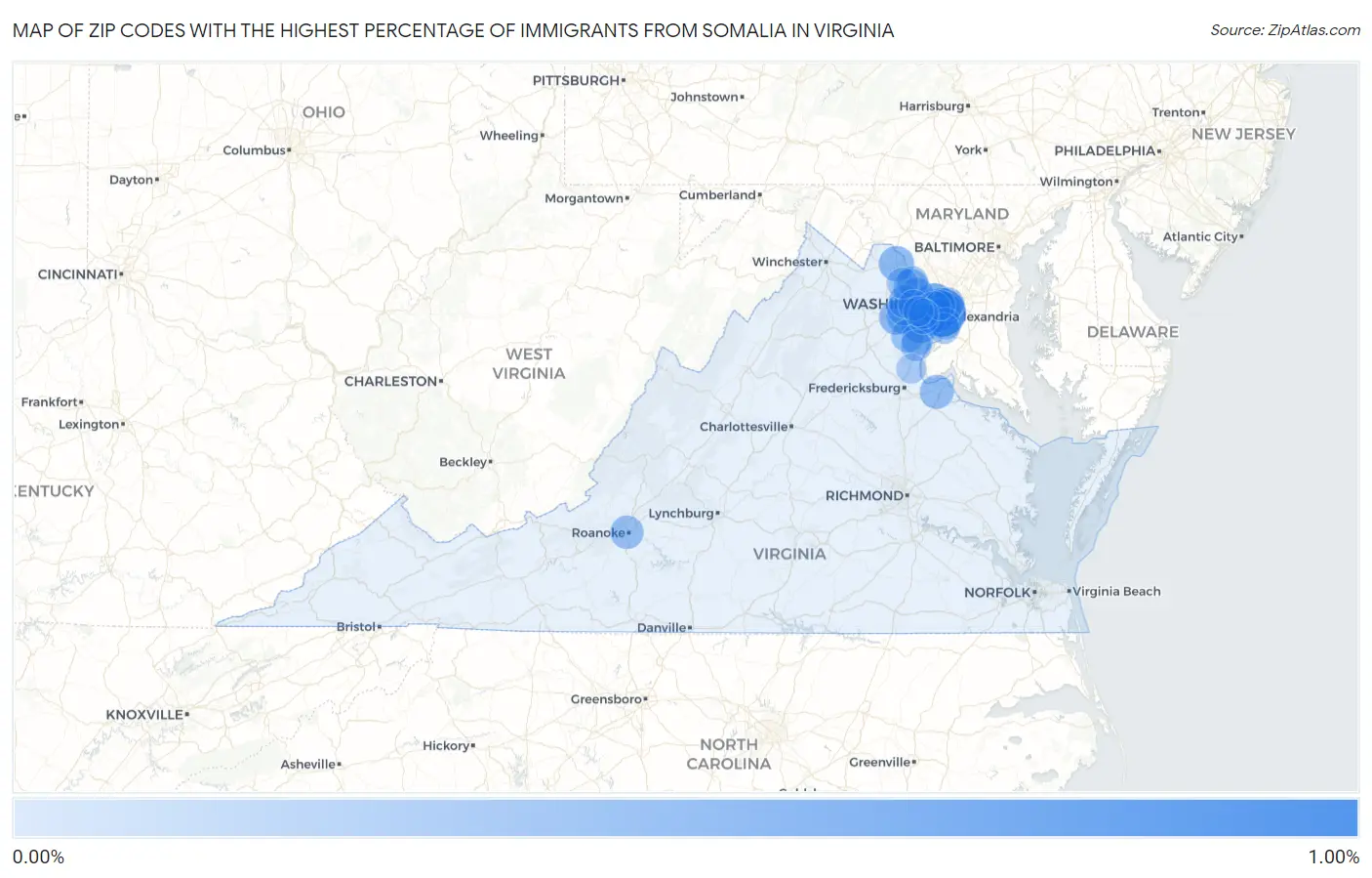 Zip Codes with the Highest Percentage of Immigrants from Somalia in Virginia Map