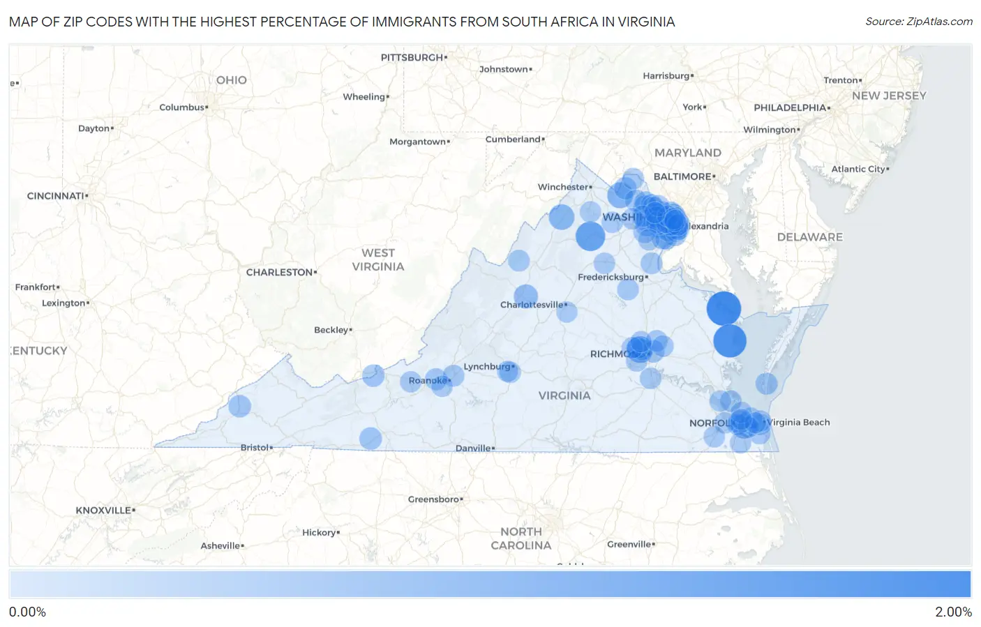 Zip Codes with the Highest Percentage of Immigrants from South Africa in Virginia Map