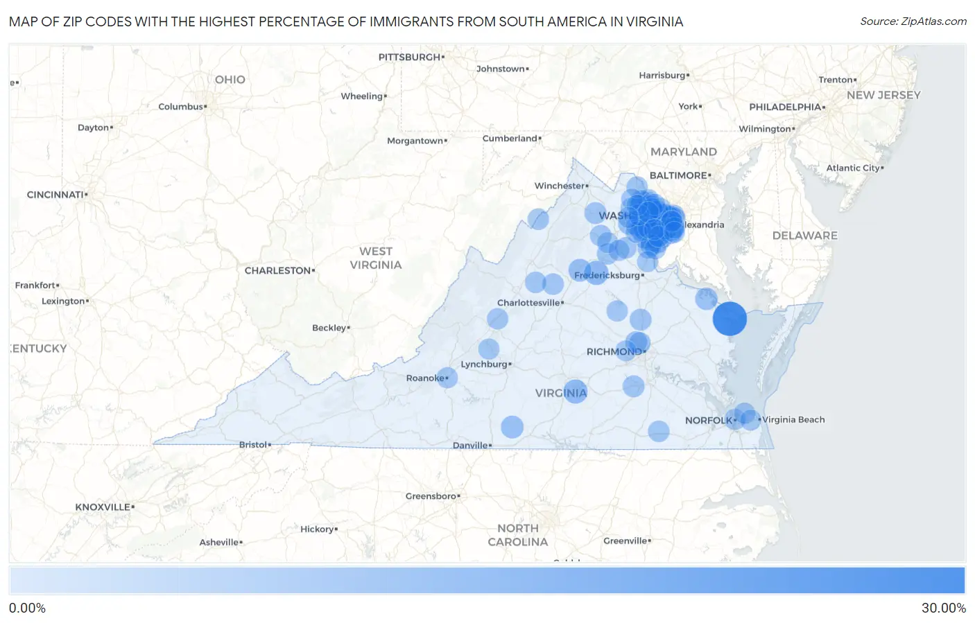 Zip Codes with the Highest Percentage of Immigrants from South America in Virginia Map