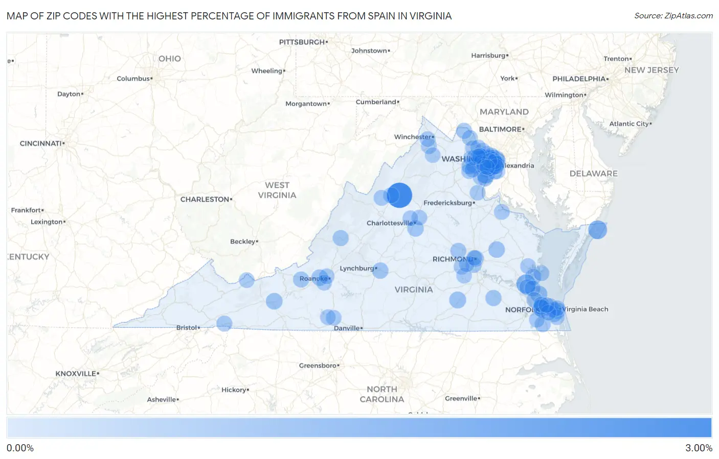Zip Codes with the Highest Percentage of Immigrants from Spain in Virginia Map