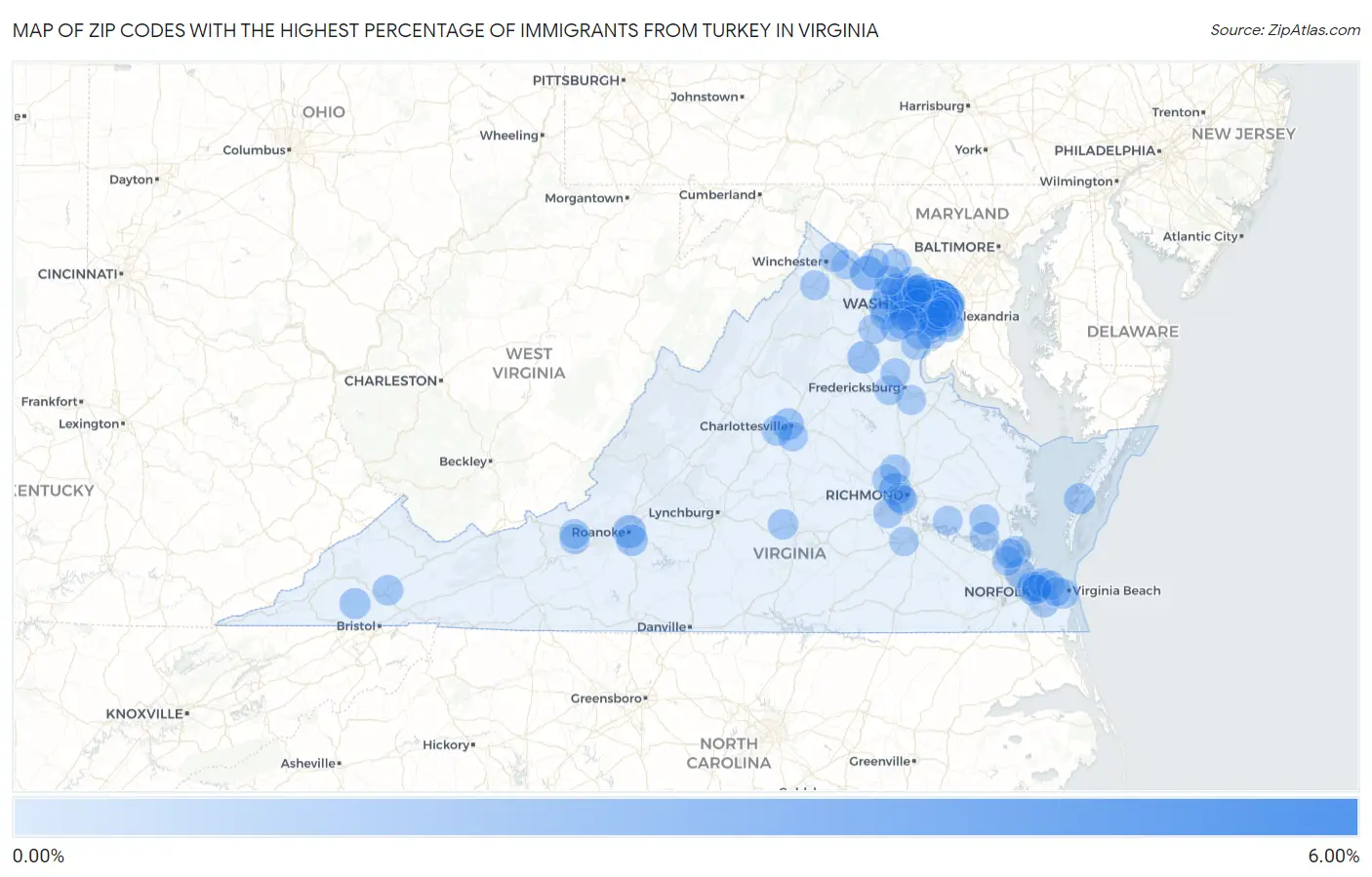 Zip Codes with the Highest Percentage of Immigrants from Turkey in Virginia Map