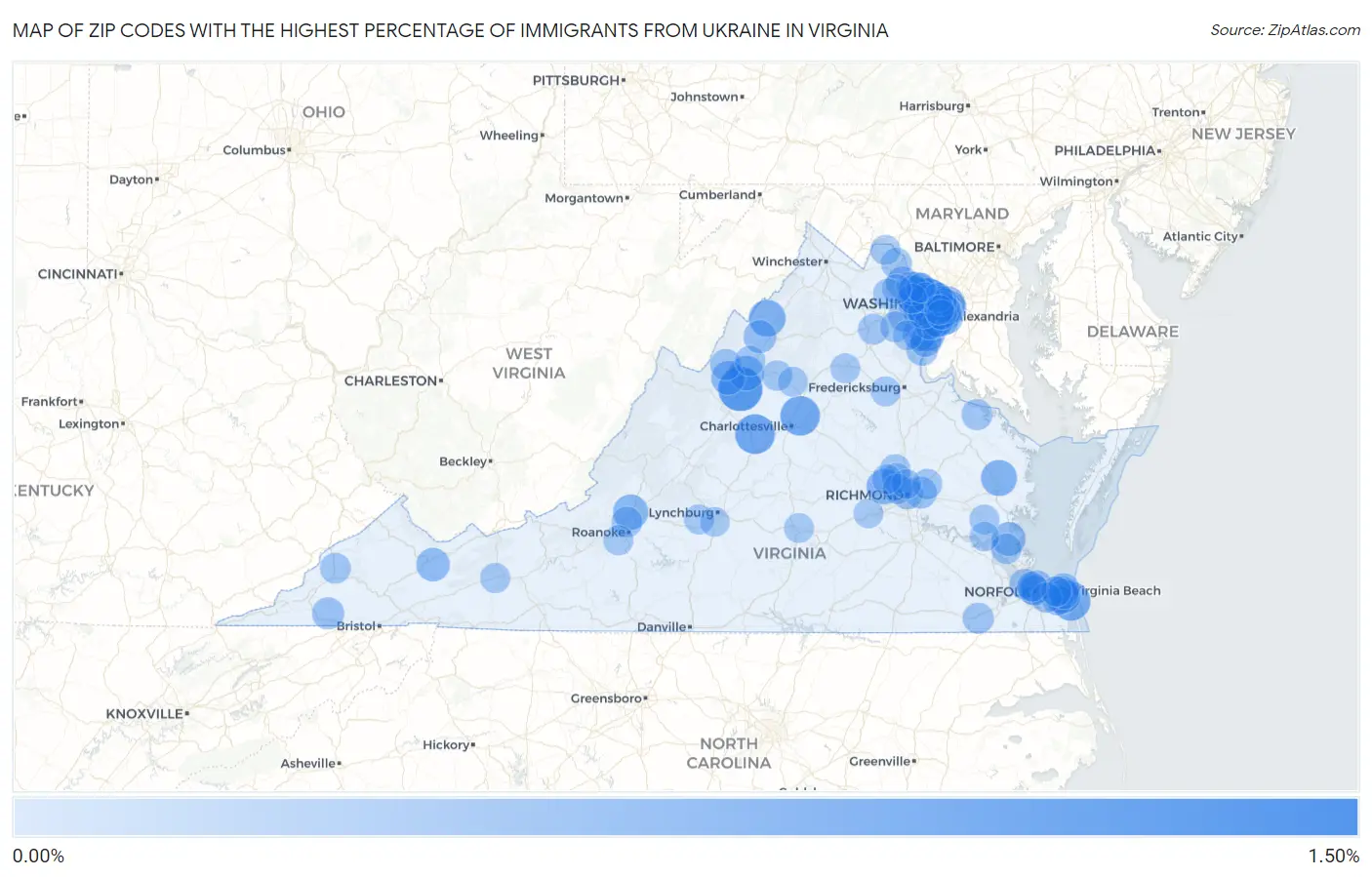 Zip Codes with the Highest Percentage of Immigrants from Ukraine in Virginia Map