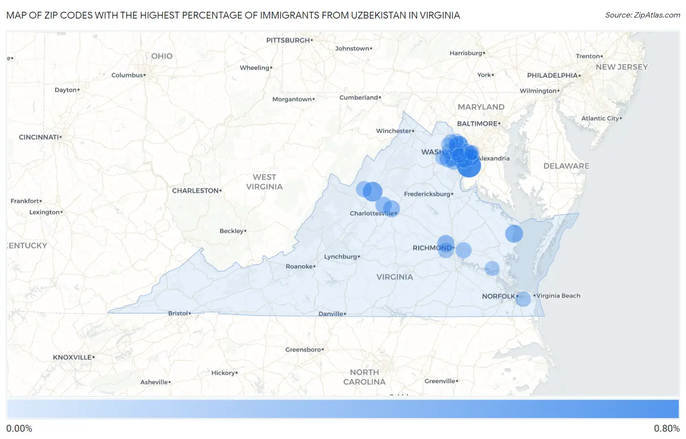 Zip Codes with the Highest Percentage of Immigrants from Uzbekistan in Virginia Map