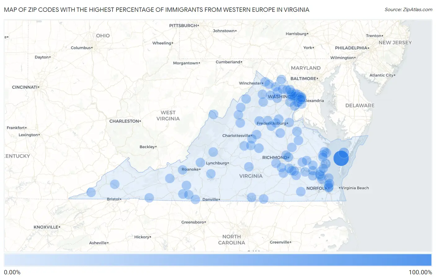 Zip Codes with the Highest Percentage of Immigrants from Western Europe in Virginia Map
