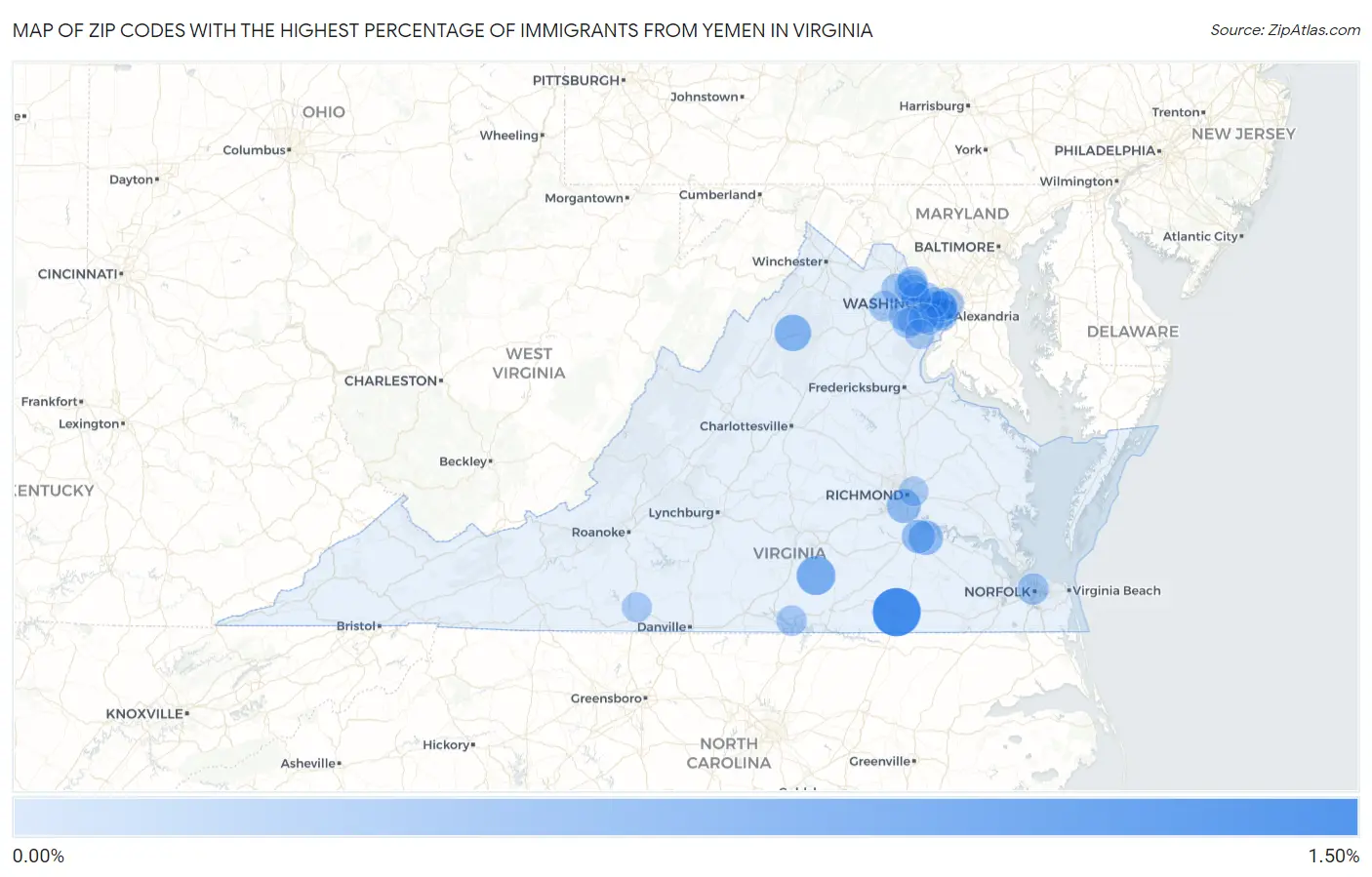 Zip Codes with the Highest Percentage of Immigrants from Yemen in Virginia Map