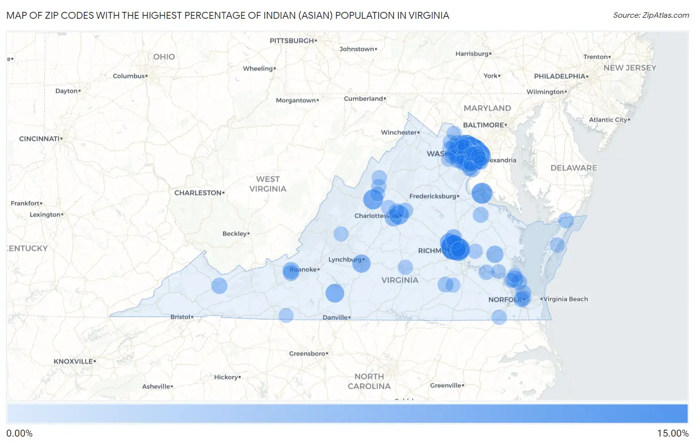 Zip Codes with the Highest Percentage of Indian (Asian) Population in Virginia Map