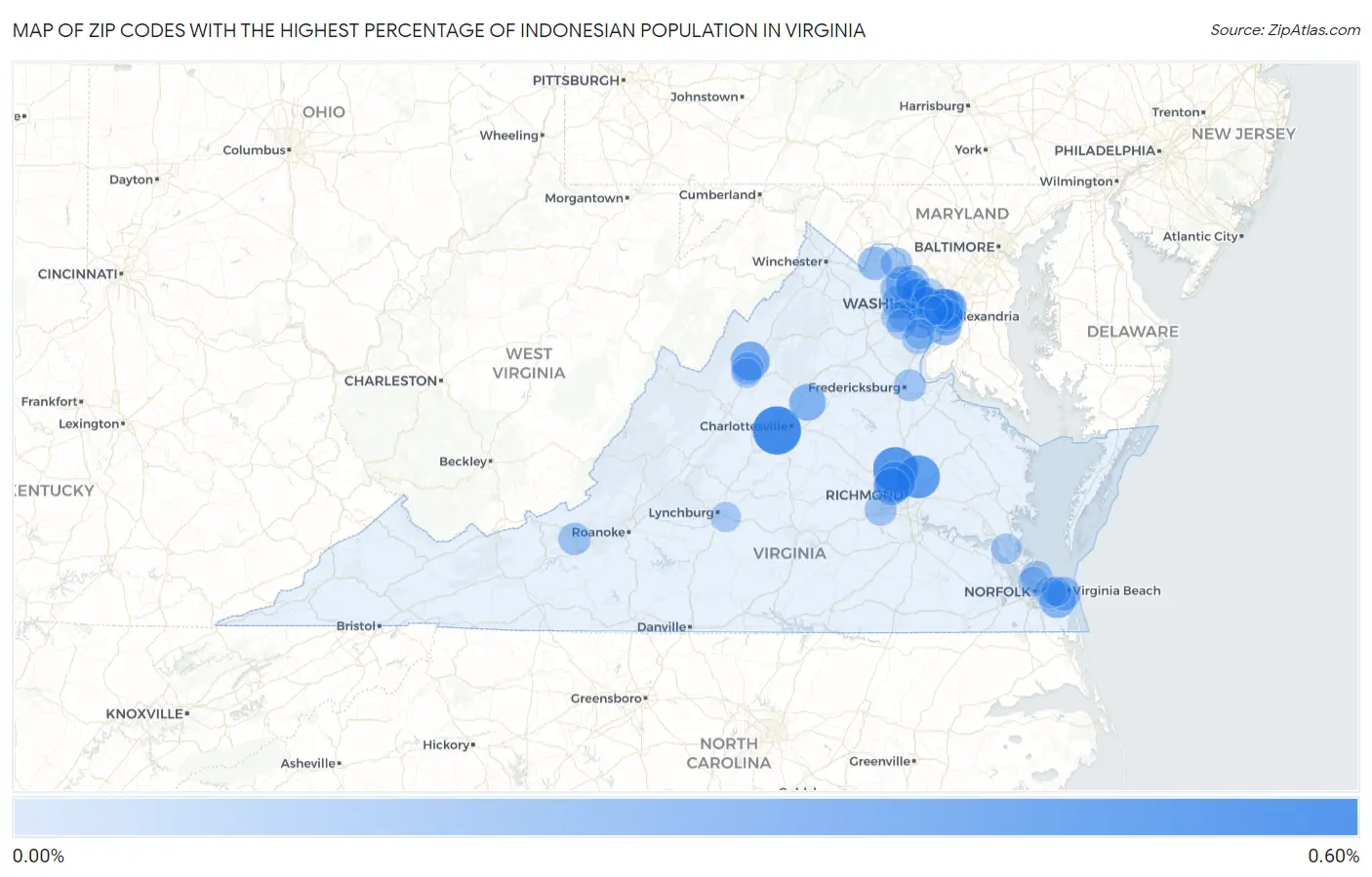Zip Codes with the Highest Percentage of Indonesian Population in Virginia Map