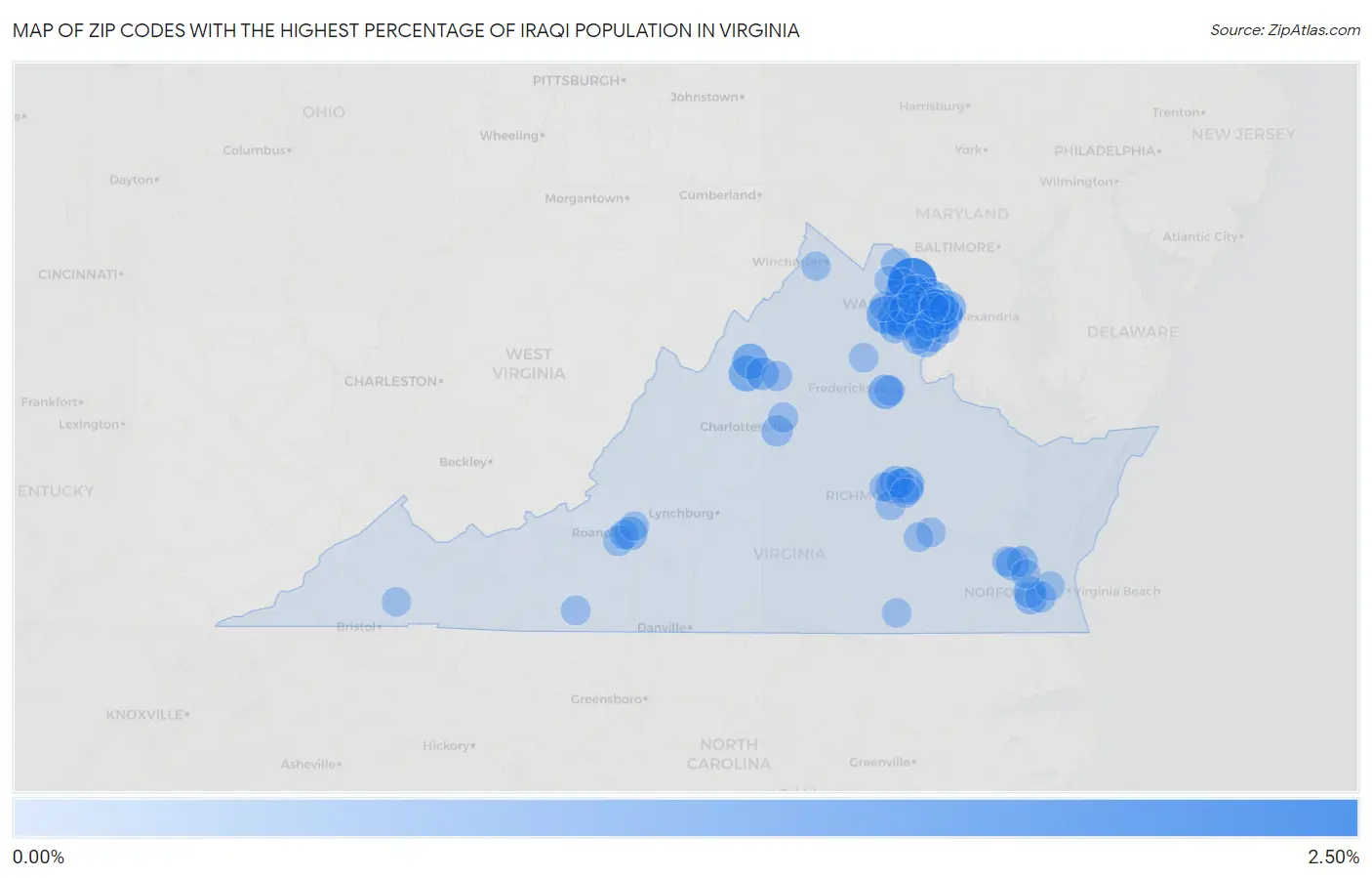 Zip Codes with the Highest Percentage of Iraqi Population in Virginia Map