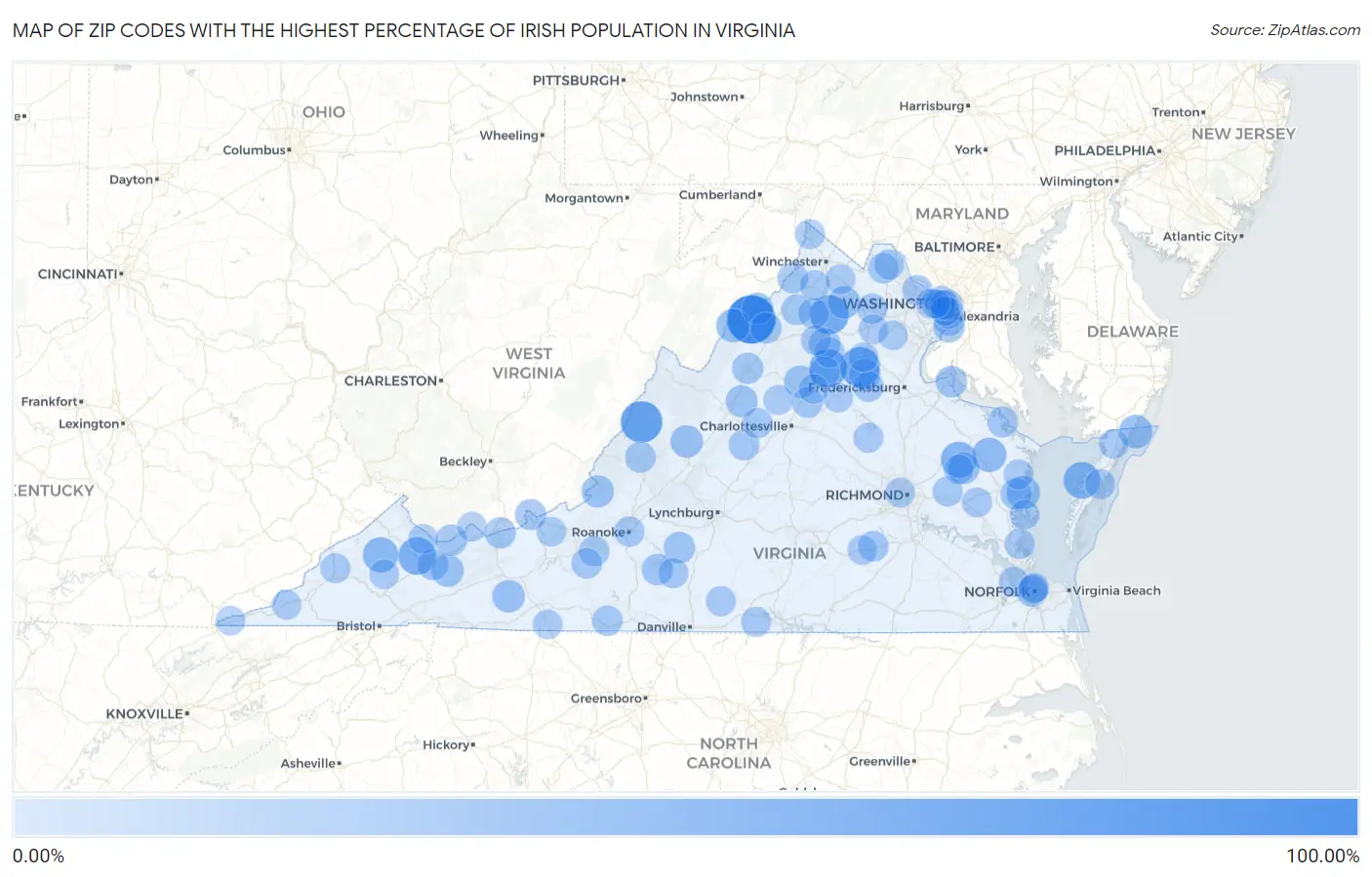 Zip Codes with the Highest Percentage of Irish Population in Virginia Map